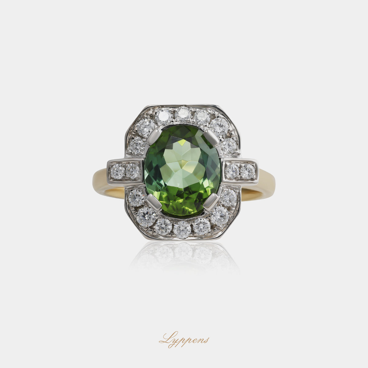 Yellow gold halo ring with tourmaline and diamonds