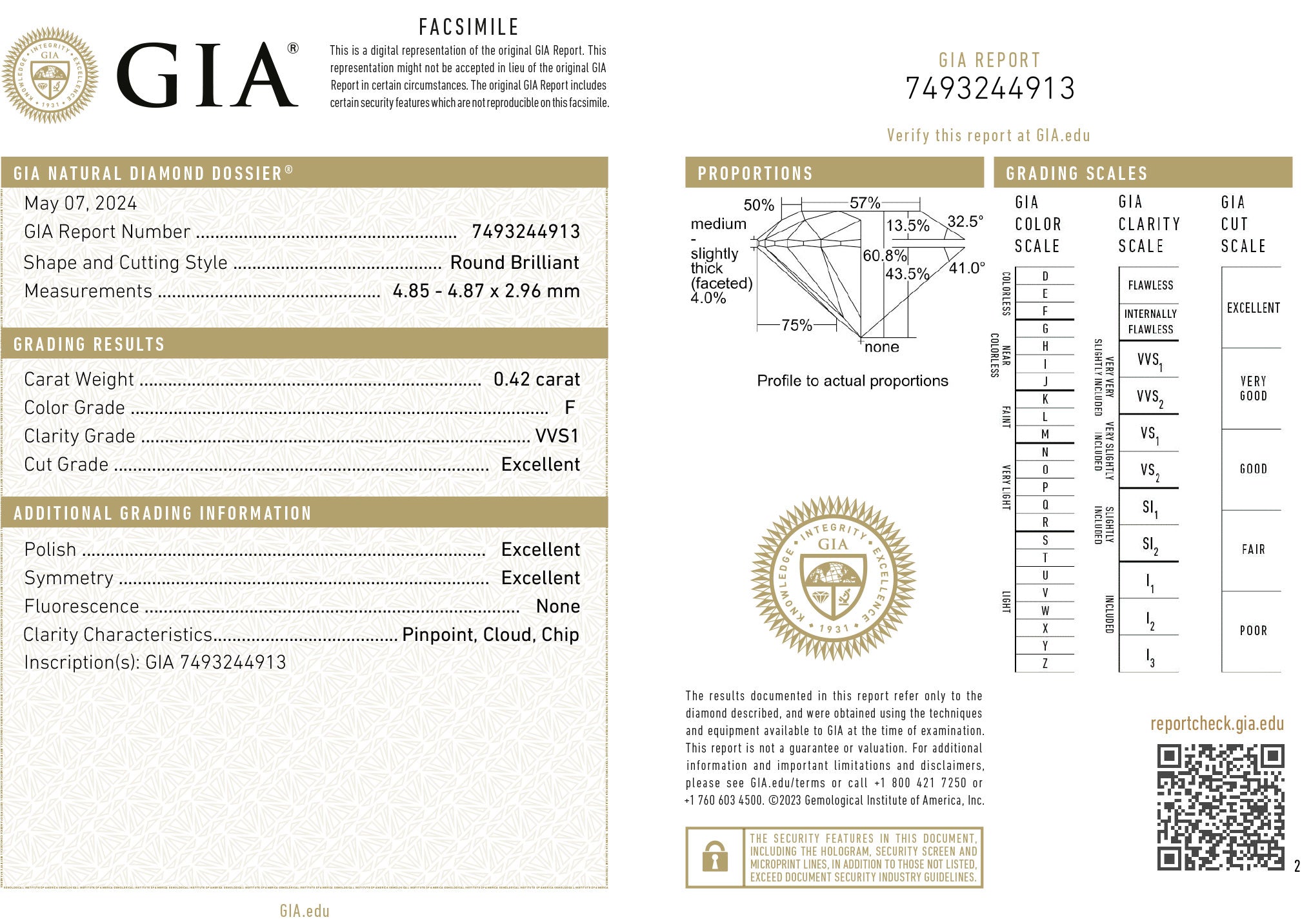 GIA certificaat van een briljant geslepen diamant met een totaalgewicht van 0.42ct.