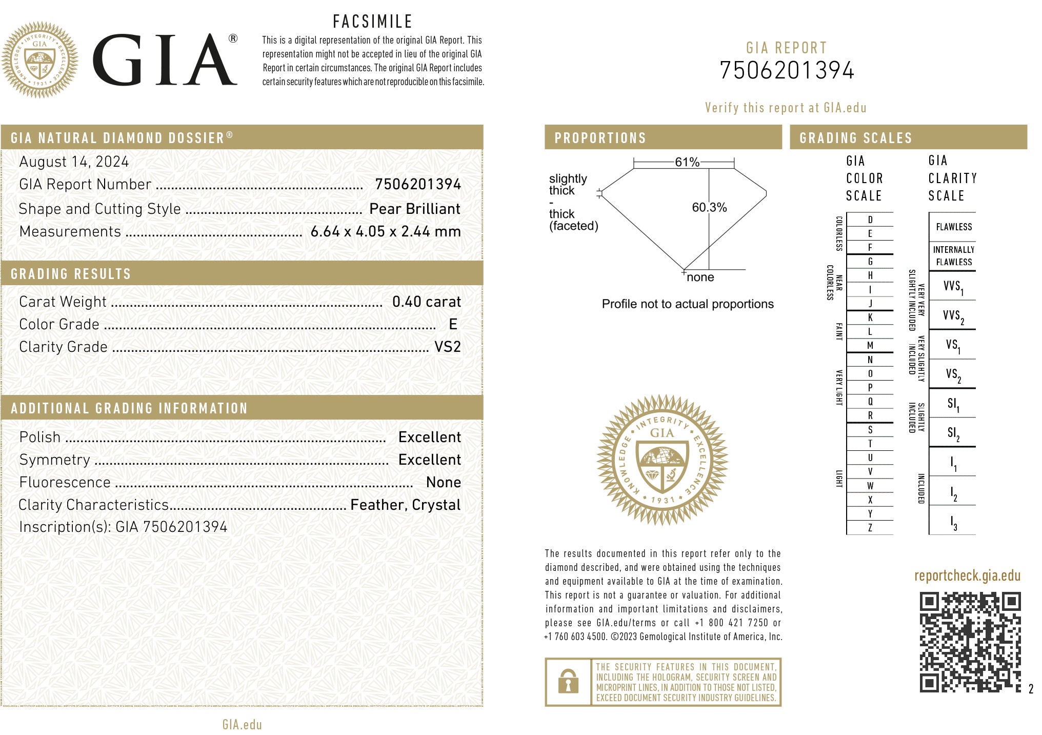 GIA certificaat van een peer geslepen diamant met een totaalgewicht van 0.40ct.
