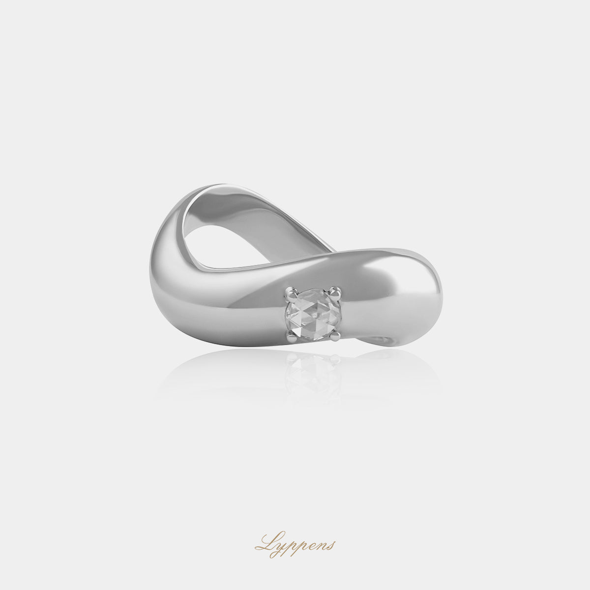 18kt witgouden bolvormige ring met golvende vormgeving en een roosgeslepen diamant van 0.17ct F SI
