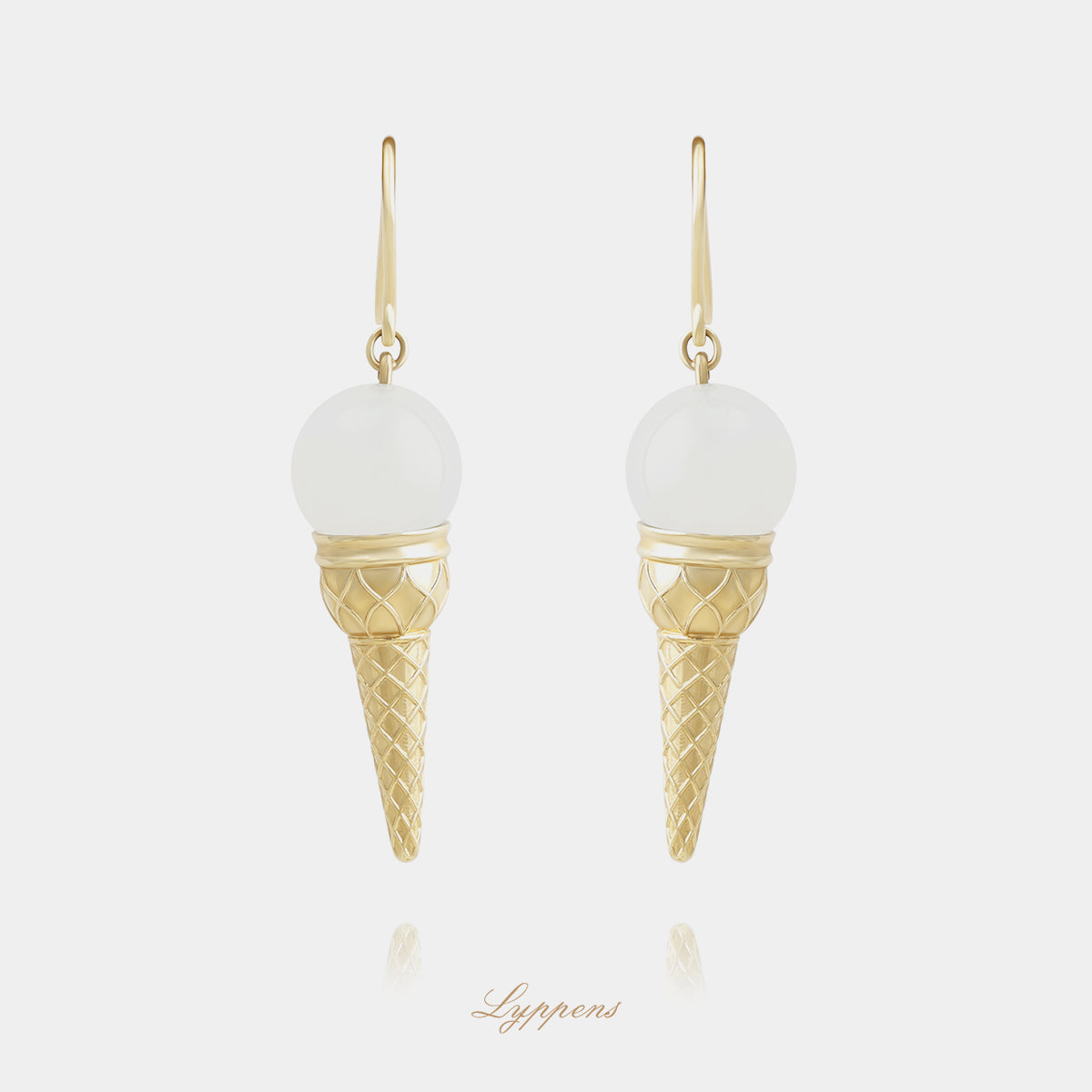 Yellow gold ice cream cone earrings with moonstone