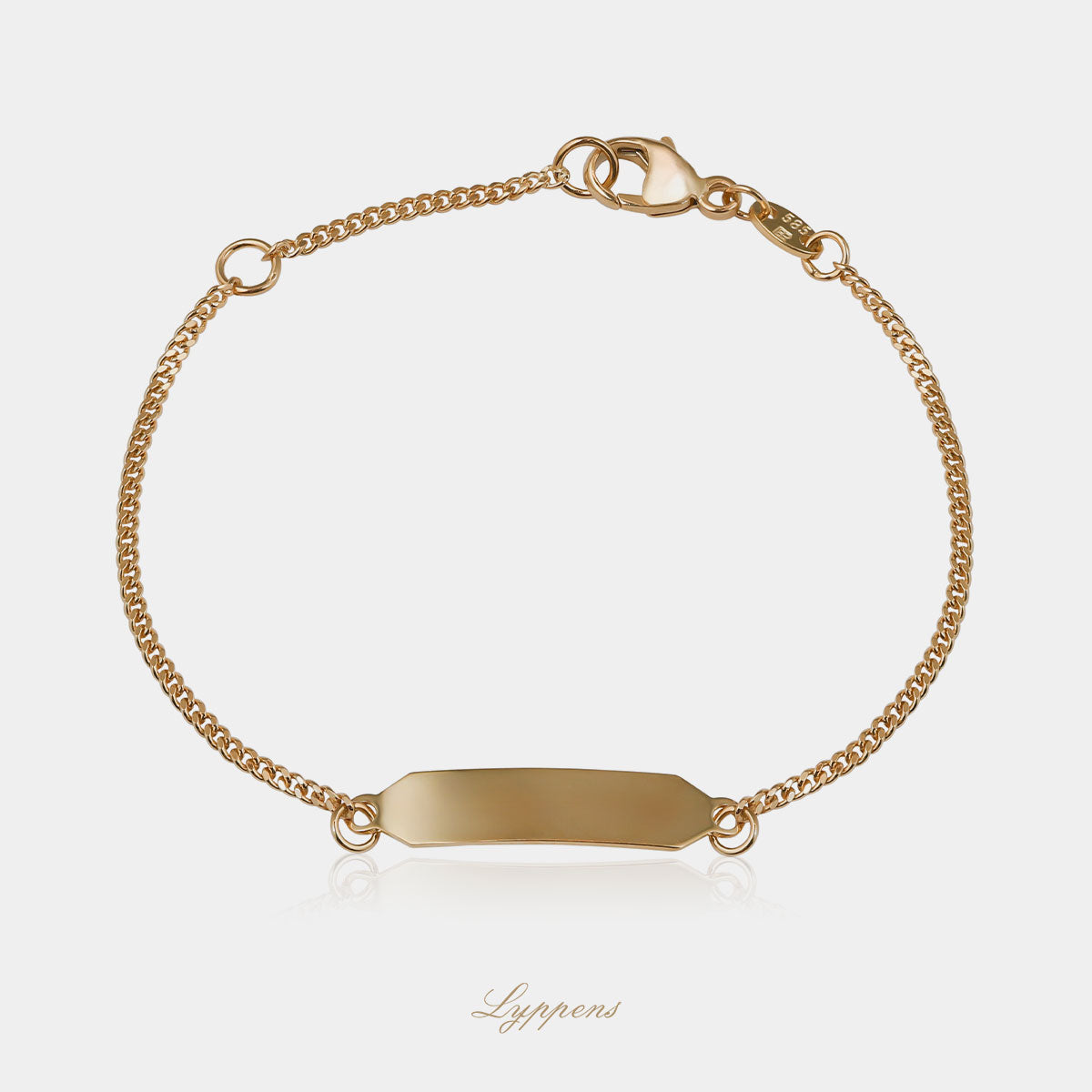 Geelgouden kinder schakelarmband met graveer plaat.