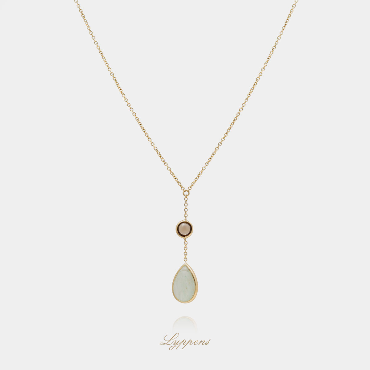 Geelgouden collier met aventurijn en rookkwarts