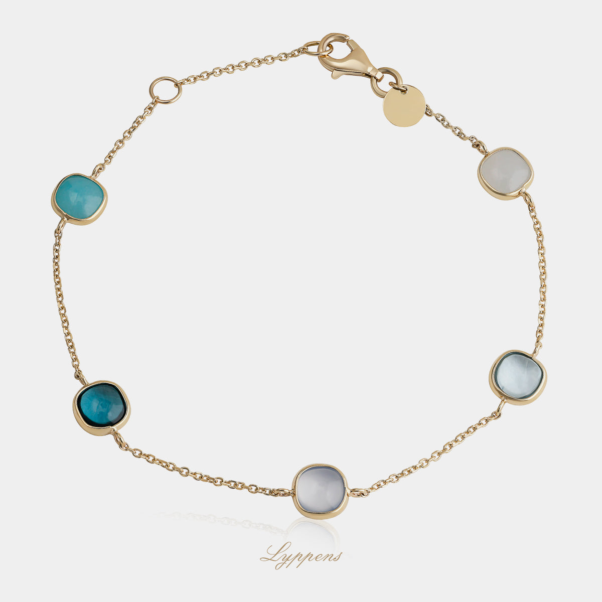 14kt geelgouden anker schakelarmband met cabochon topaas en jade