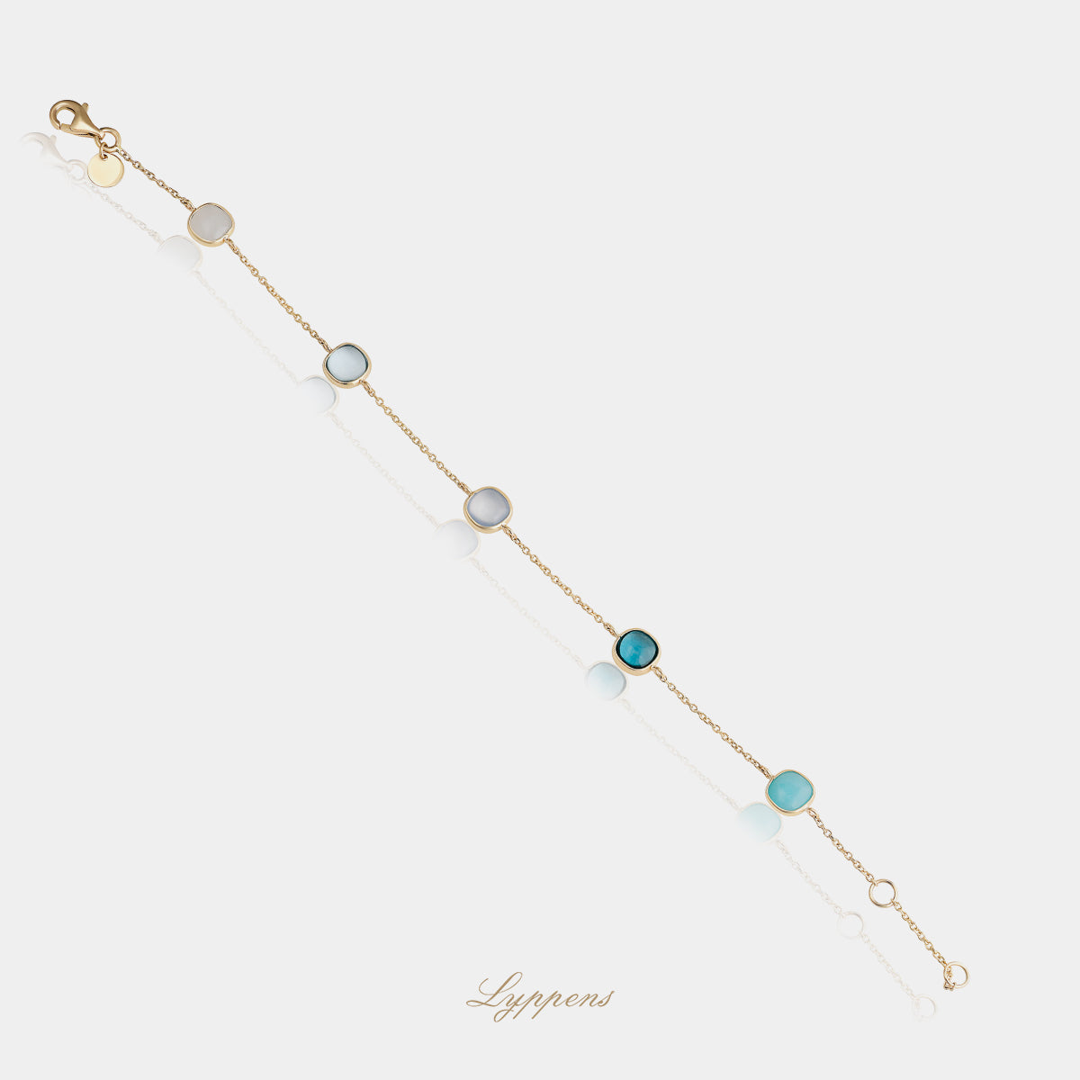 14 karaat geelgouden armband met anker schakels, topaas en jade cabochon