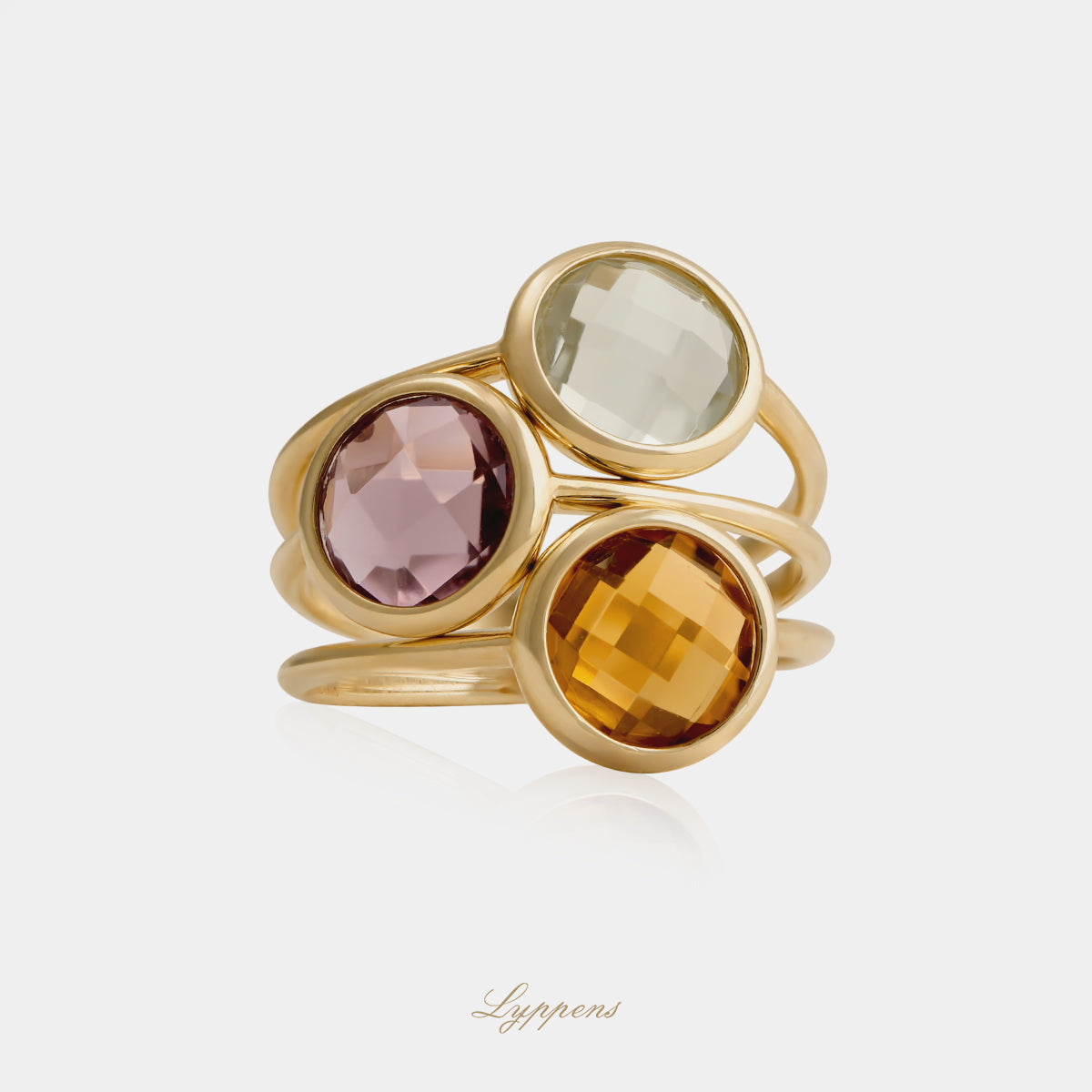 Geelgouden ring met amethist, citrien en prasioliet
