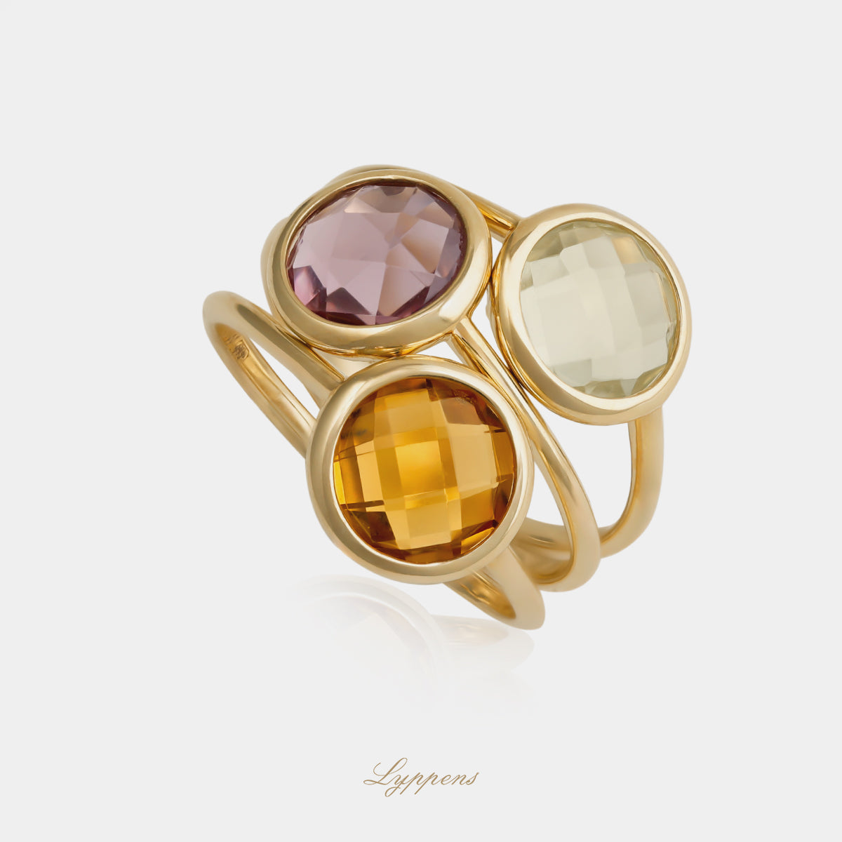 Geelgouden ring met amethist, citrien en prasioliet