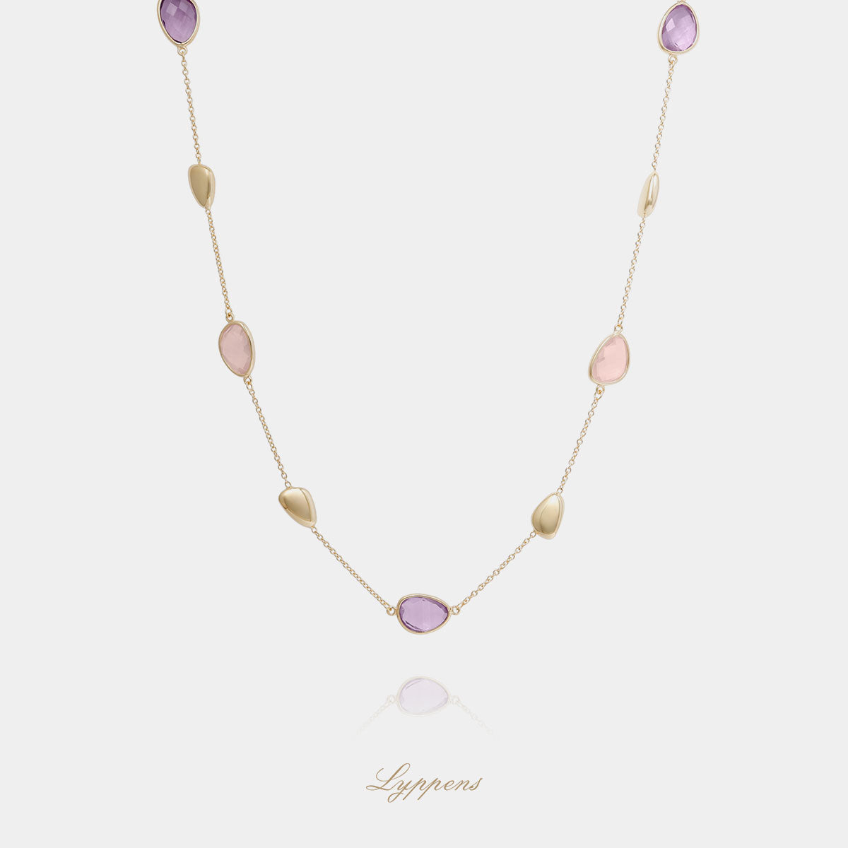 14kt geelgouden schakelcollier gezet met amethist en rozenkwarts.