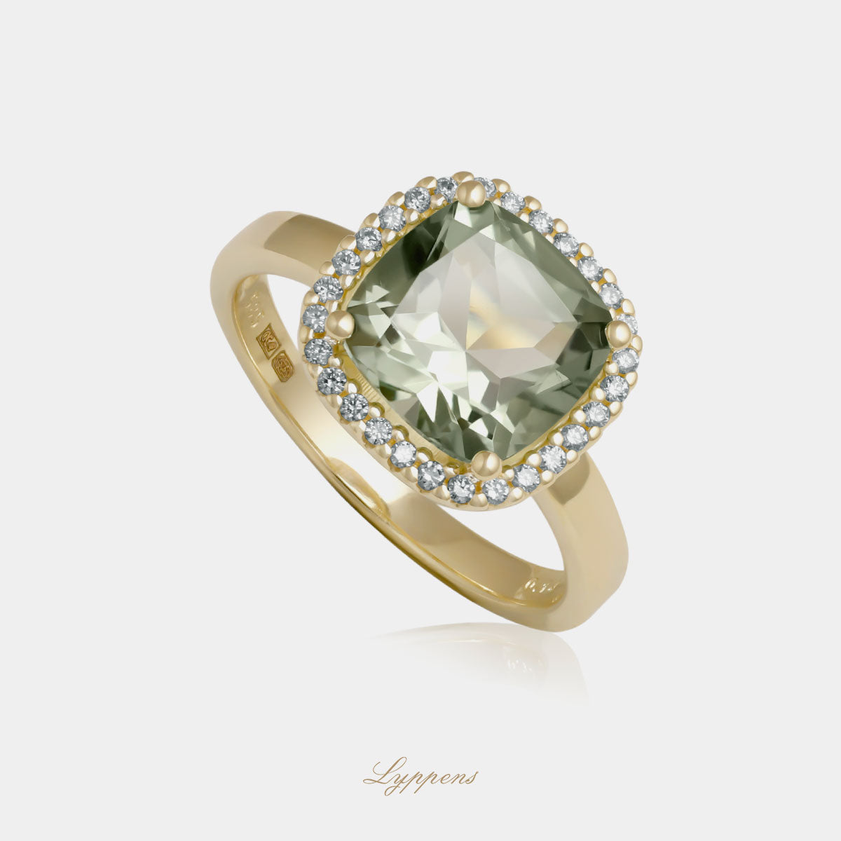 Yellow gold halo ring with prasiolite and diamonds