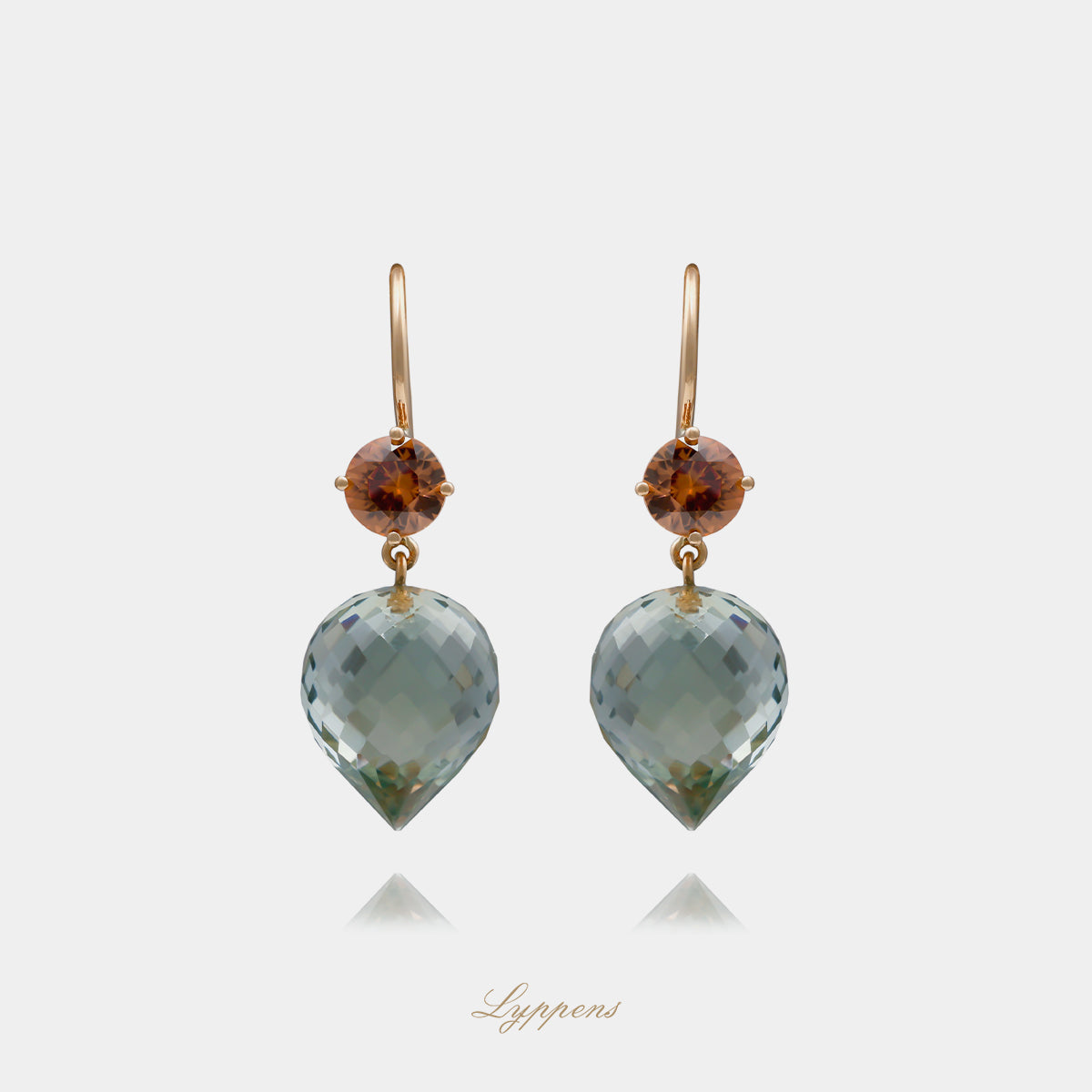 Yellow gold earrings with zircon and prasiolite