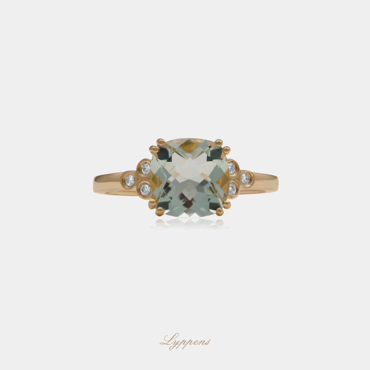 Yellow gold ring with prasiolite and diamonds