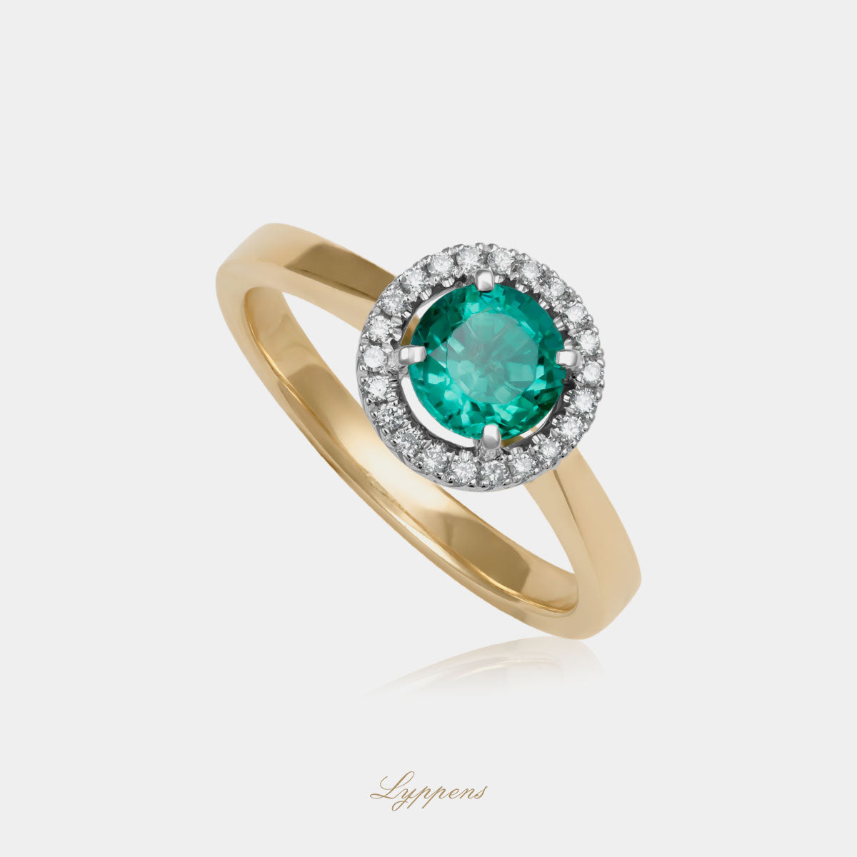 18kt geel- en witgouden entourage ring met rond smaragd en diamant halo 0.09ct G SI1