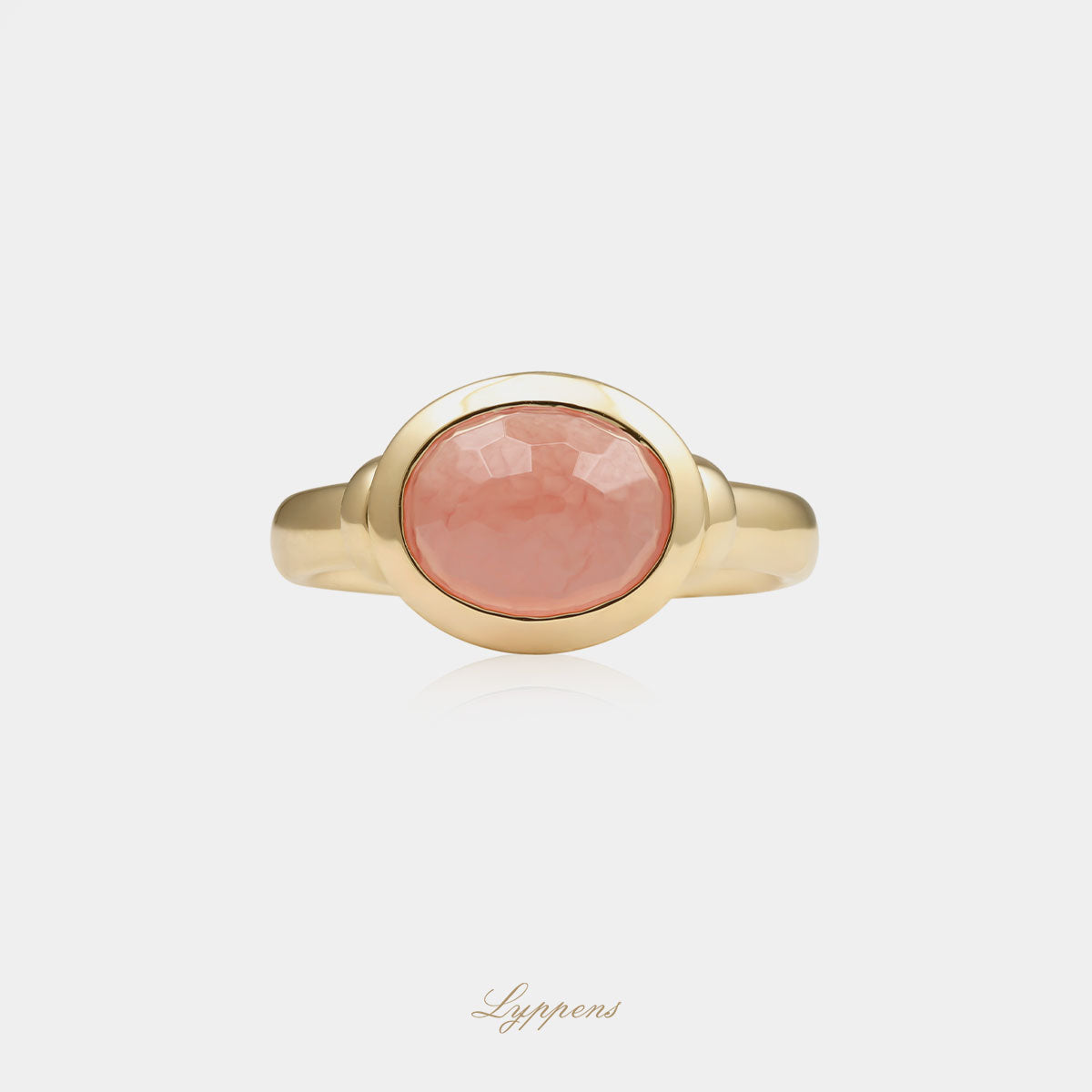 18 karaat geelgouden ring met rhodochrosiet in bezelzetting