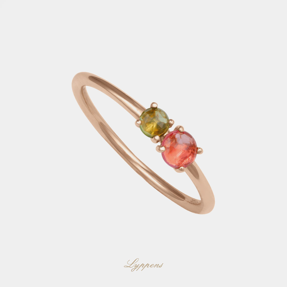 18kt roségouden ring met rond geslepen roze en groene toermalijn