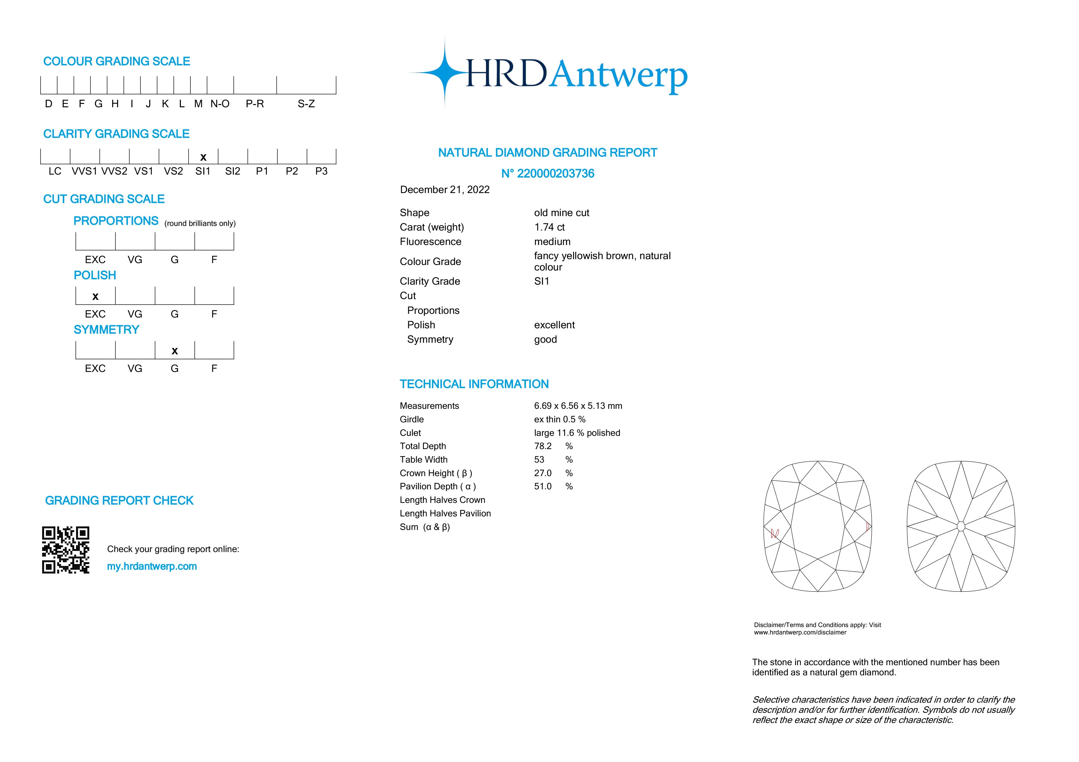 HRD certificaat van een old mine geslepen diamant met een totaalgewicht van 1.74ct.