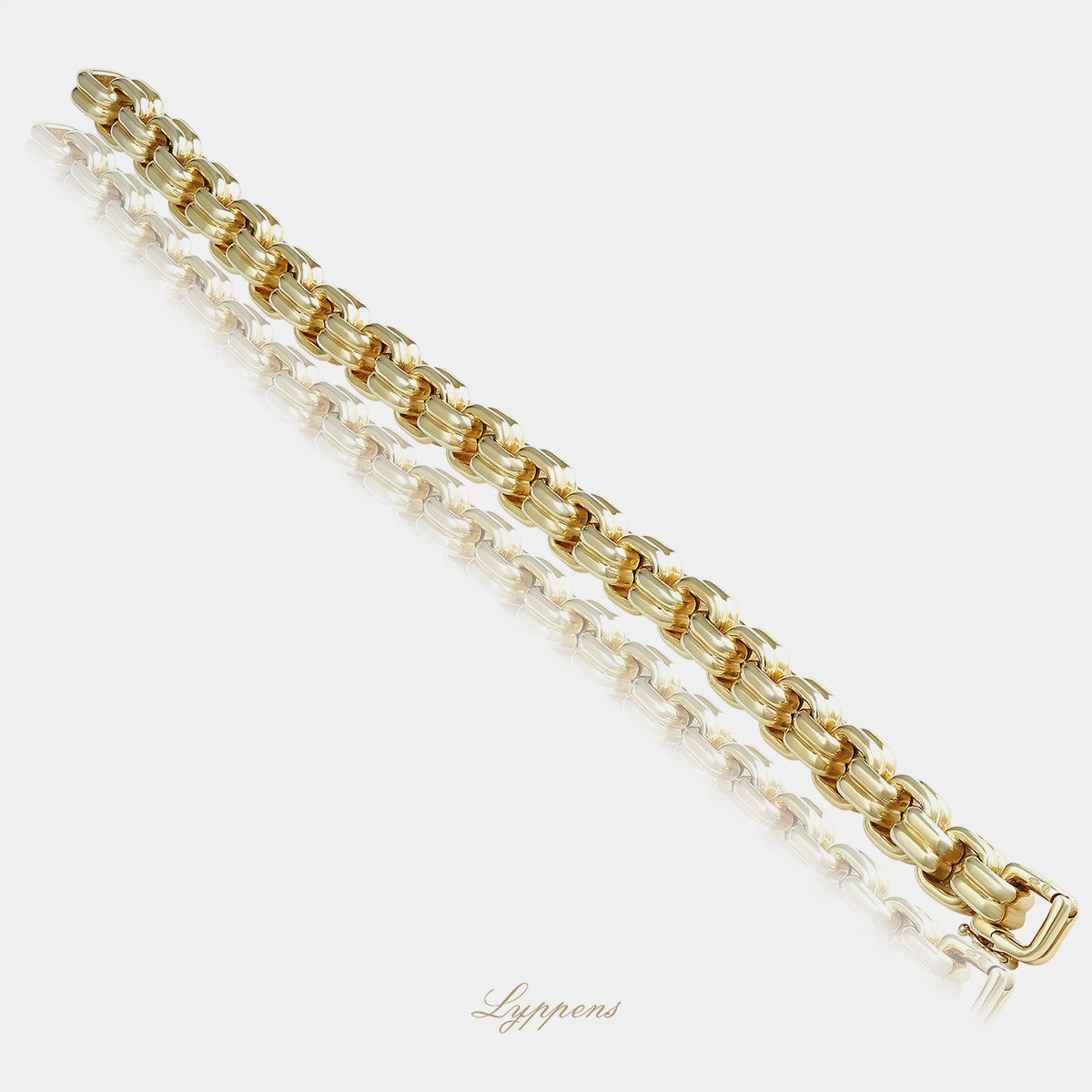 Vintage armband van 14kt geelgoud, opgebouwd uit dubbele in elkaar grijpende vierkante schakels, breedte 8.6mm
