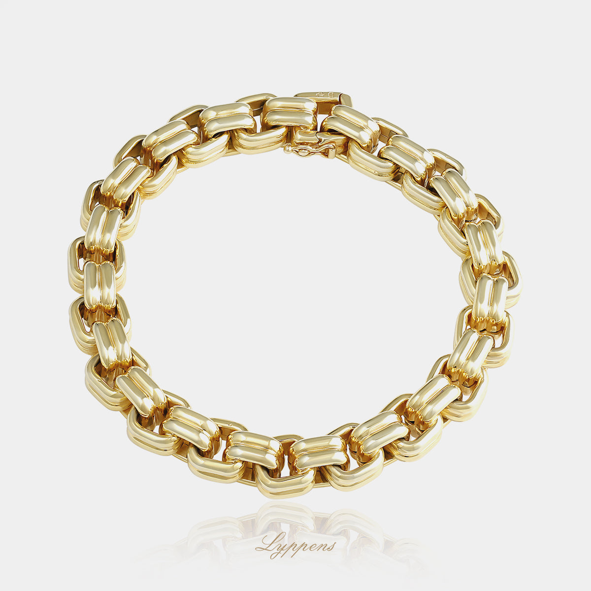 14kt geelgouden vintage schakelarmband met dubbele vierkante, afgeronde schakels en een breedte van 8.6mm