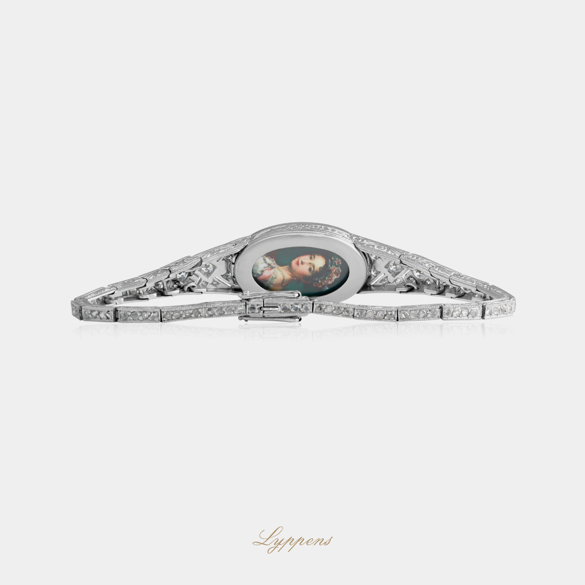 platina Art Deco armband met ca. 2.20ct oud briljant diamant en chrysopraas