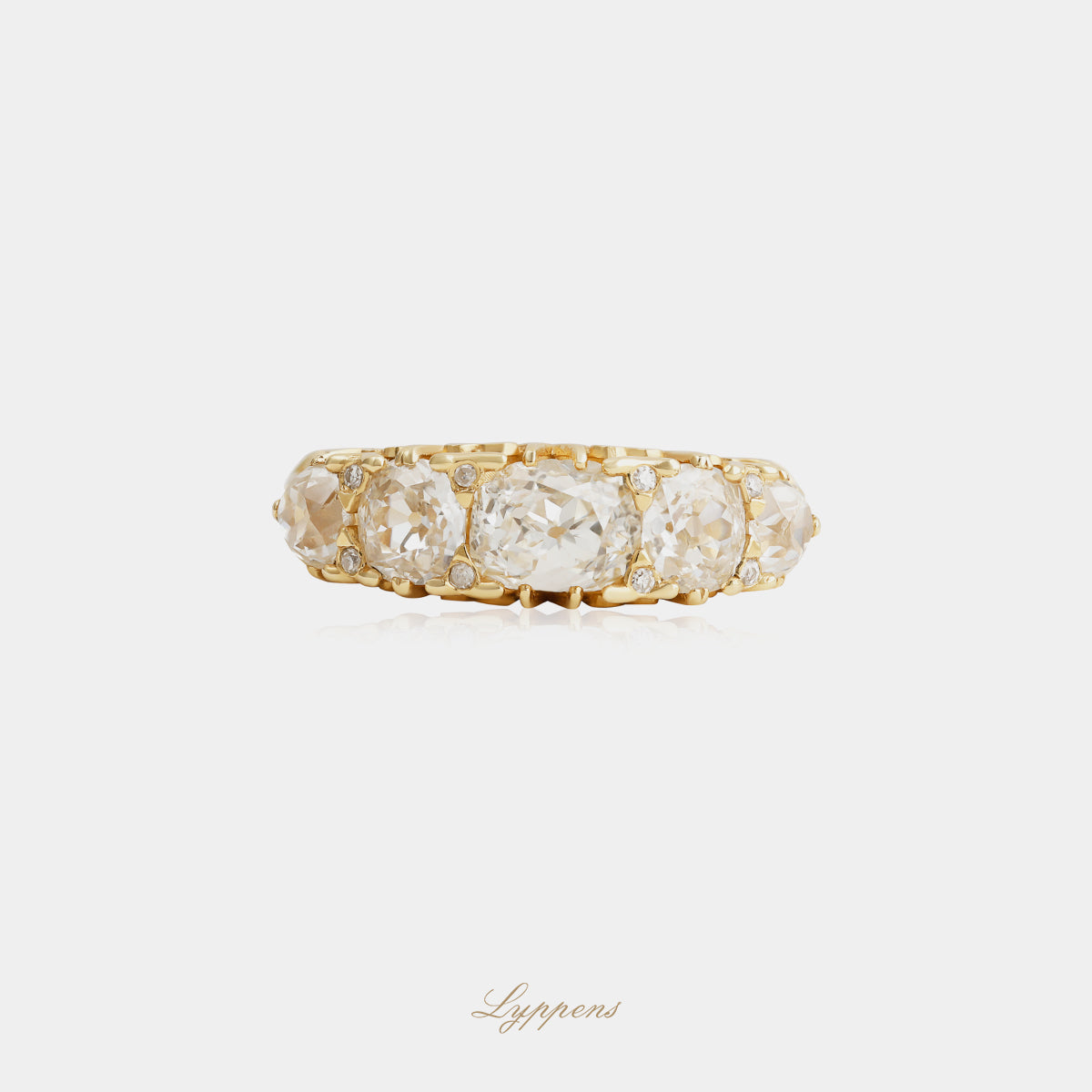 18kt geelgouden vintage rijring met bolsjewiek geslepen diamant ca. 3.80ct H VS en achtkant diamant