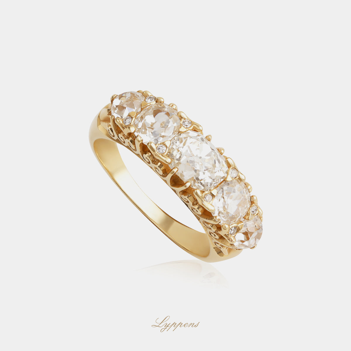 Vintage 18 karaat geelgouden rijring met bolsjewiek diamant 3.80ct en achtkant geslepen diamant