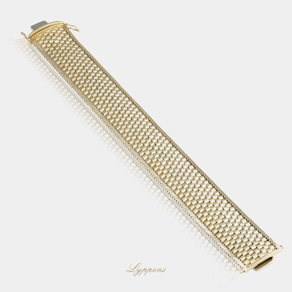 Vintage armband van 14kt geelgoud, opgebouwd uit kleine geschakelde elementen met matte afwerking en glanzende buitenranden