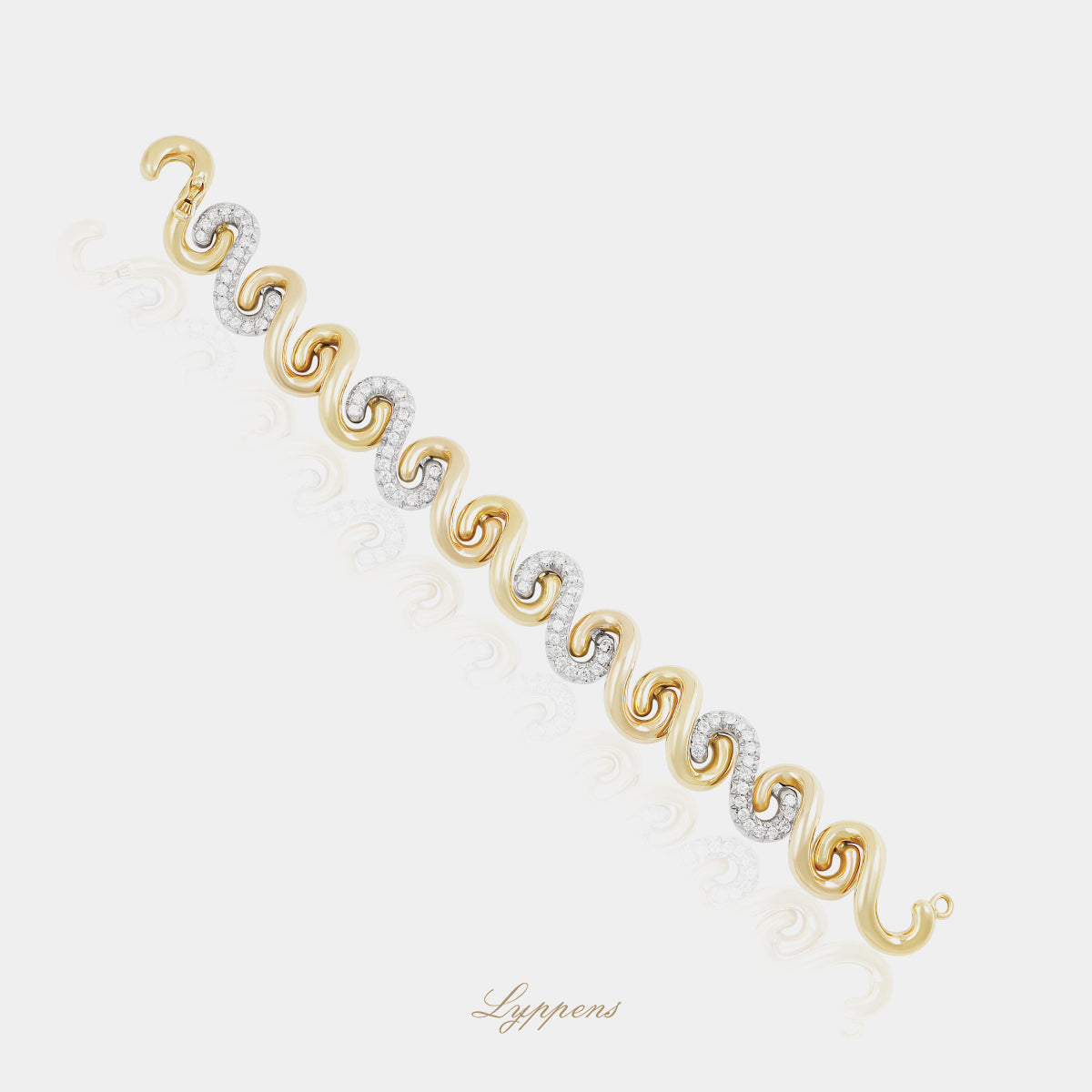 Vintage schakelarmband van 18kt tricolor goud met afwisselend geel-, rosé- en witgouden schakels, waarvan de witgouden schakels zijn gezet met ca. 3.00ct diamant G VS