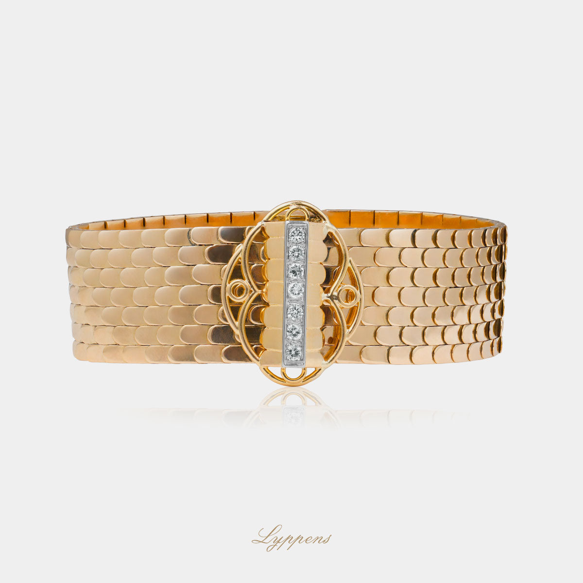 Sluiting van de geelgouden Franse vintage jaren'50 armband met briljant geslepen diamant.