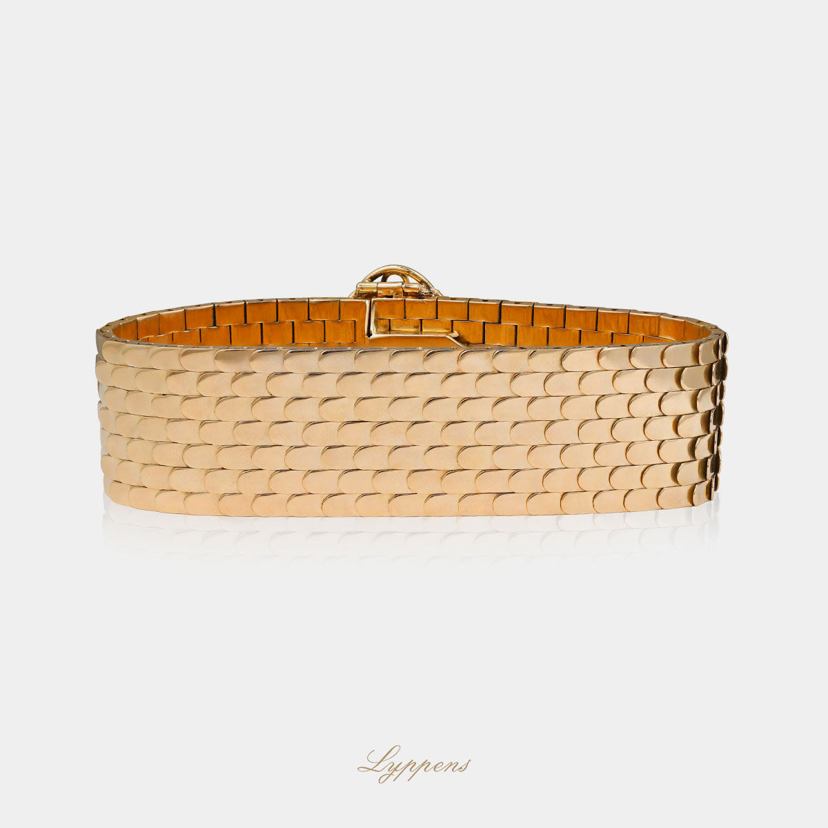 Geelgouden Franse vintage jaren '50 armband opgebouwd uit flexibele gouden elementen.