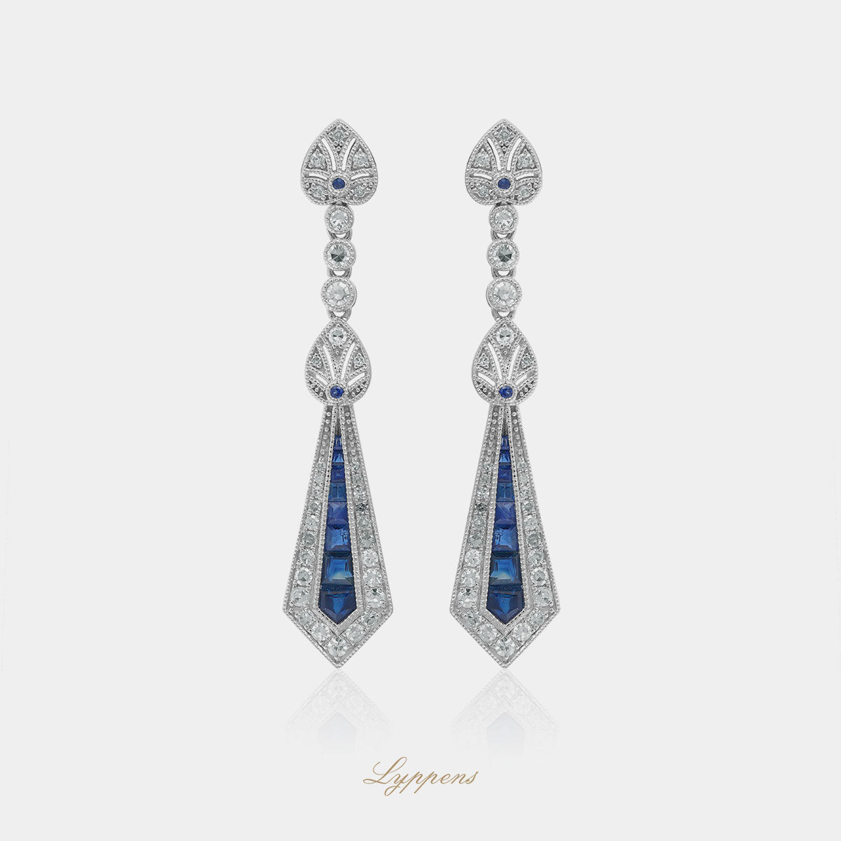 White gold Art Deco style ear studs with sapphire and diamonds