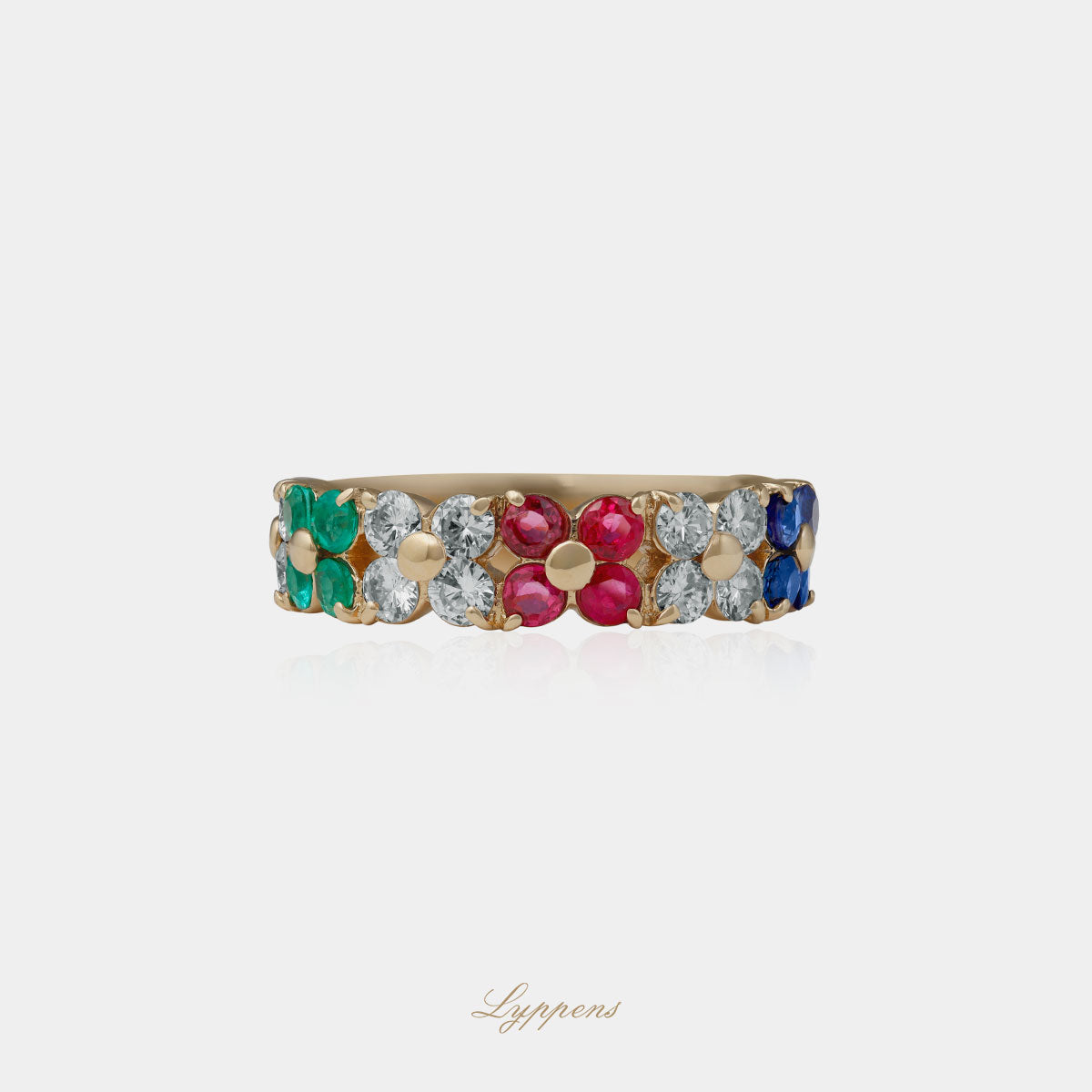 Yellow gold vintage ring with sapphire, ruby, emerald and diamonds