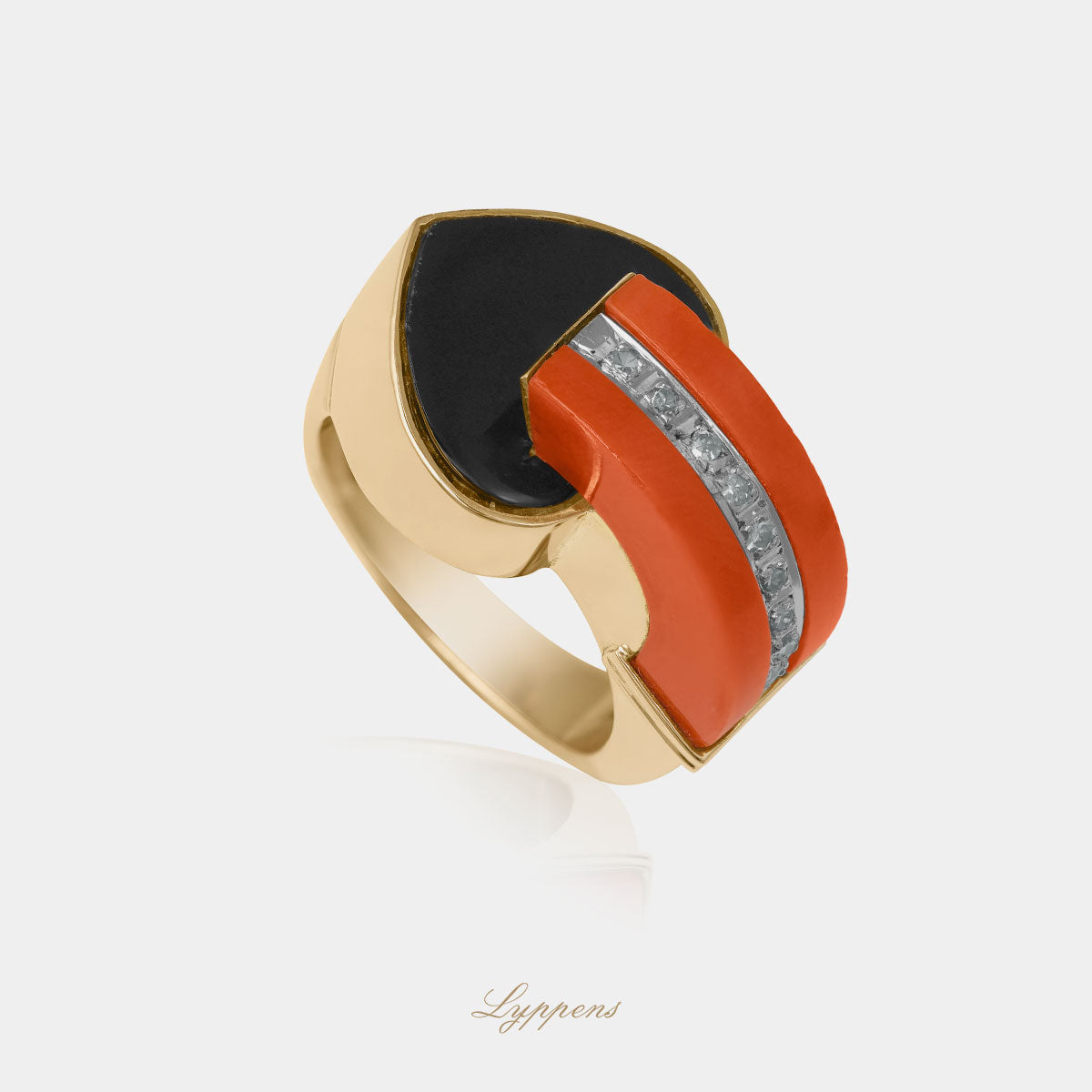 Yellow gold vintage 1960s ring with onyx, precious coral and diamonds