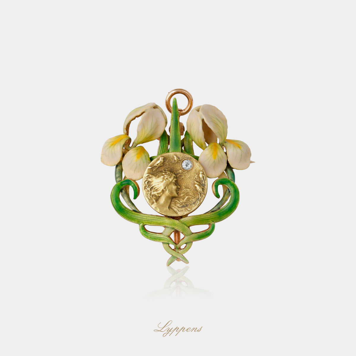 Geelgouden Art Nouveau hanger/broche met emaille en diamant