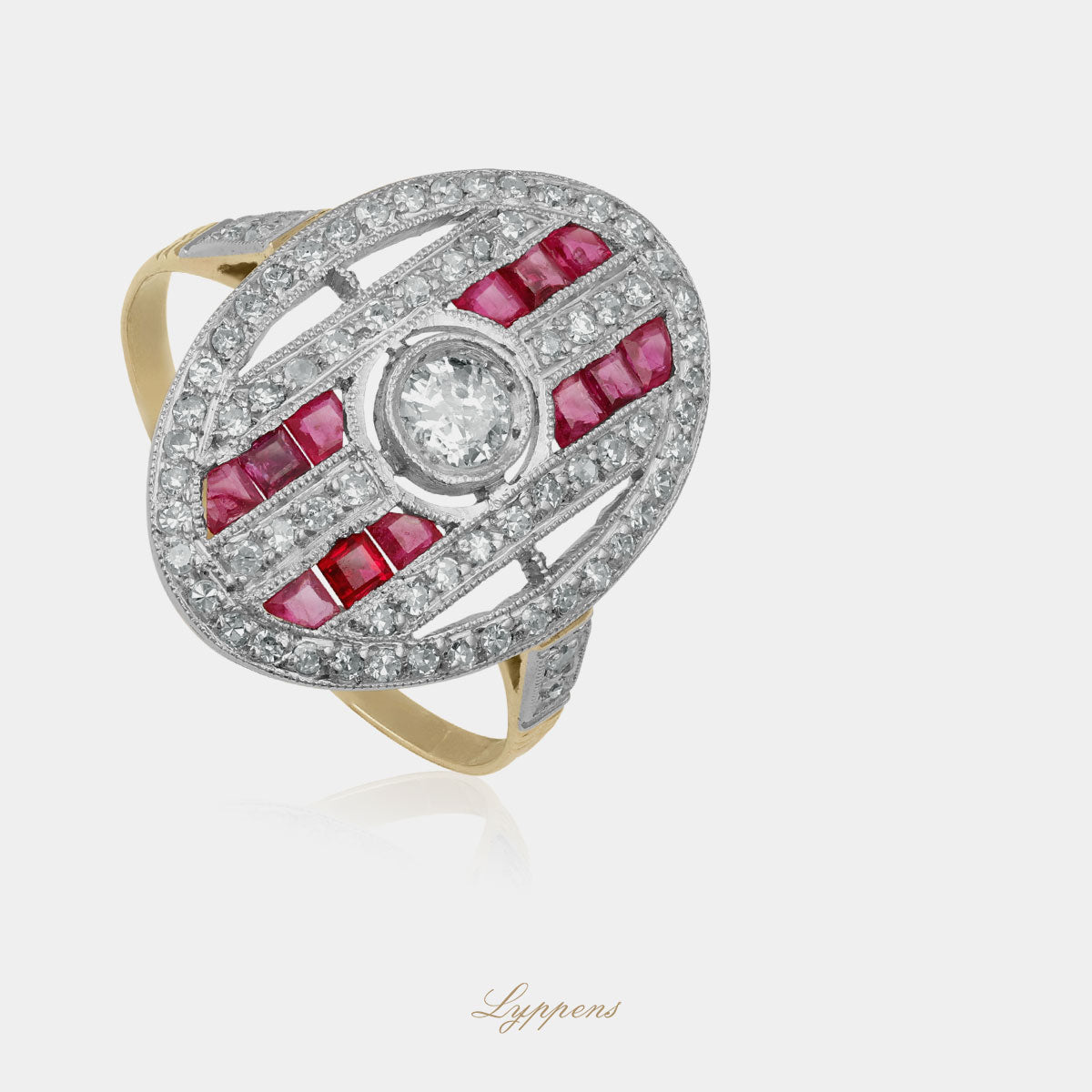 Yellow gold Art deco ring with ruby and diamonds