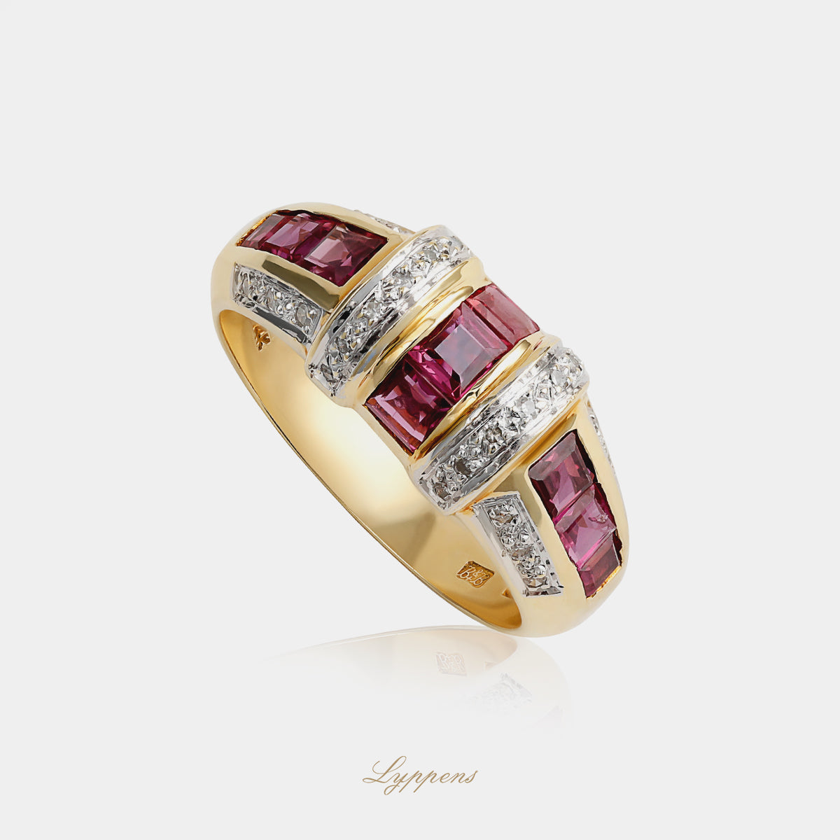 Geelgouden vintage jaren ‘80 ring met robijn en diamant