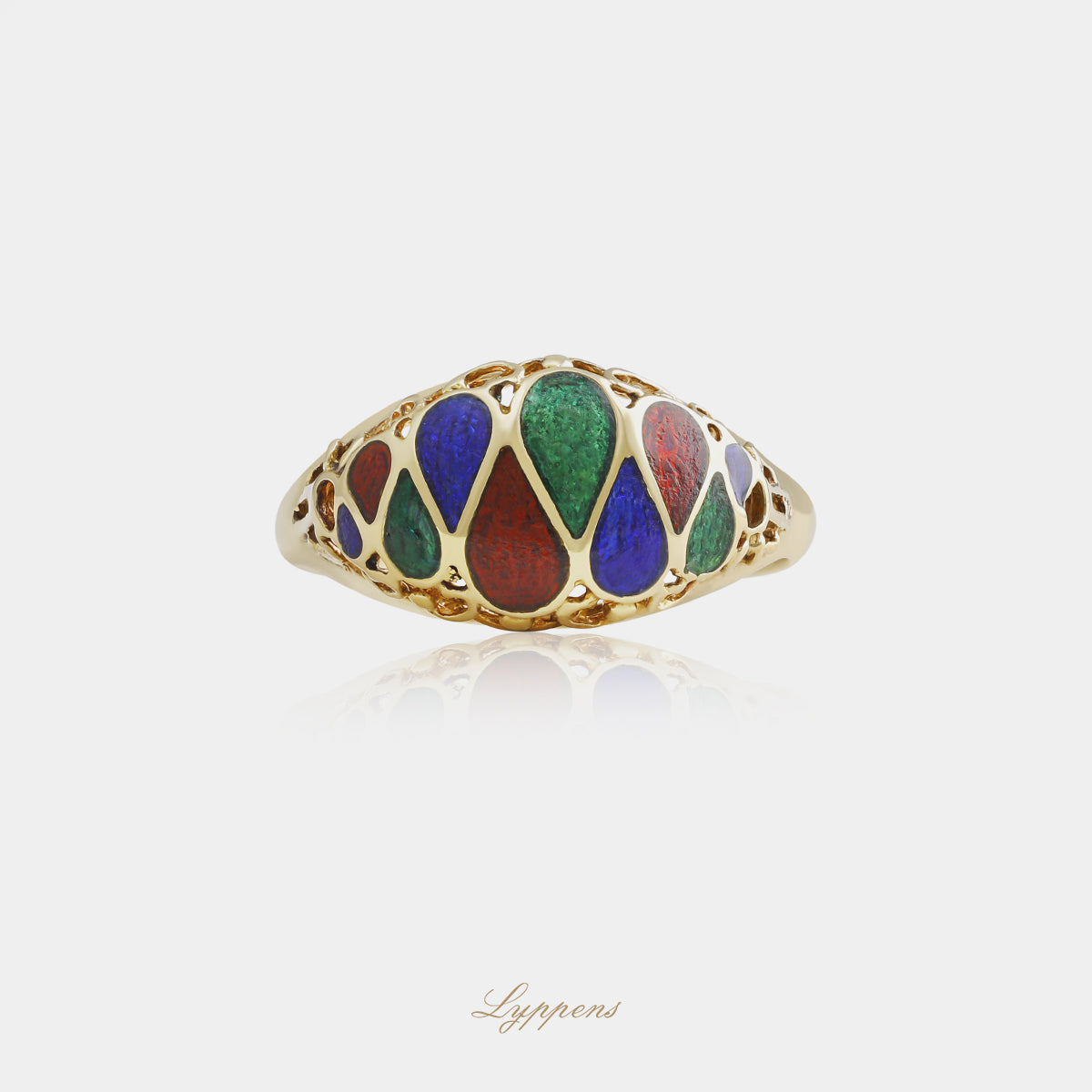 18kt geelgouden vintage jaren ’60 ring met opengewerkt ontwerp en blauw, groen en rood emaille