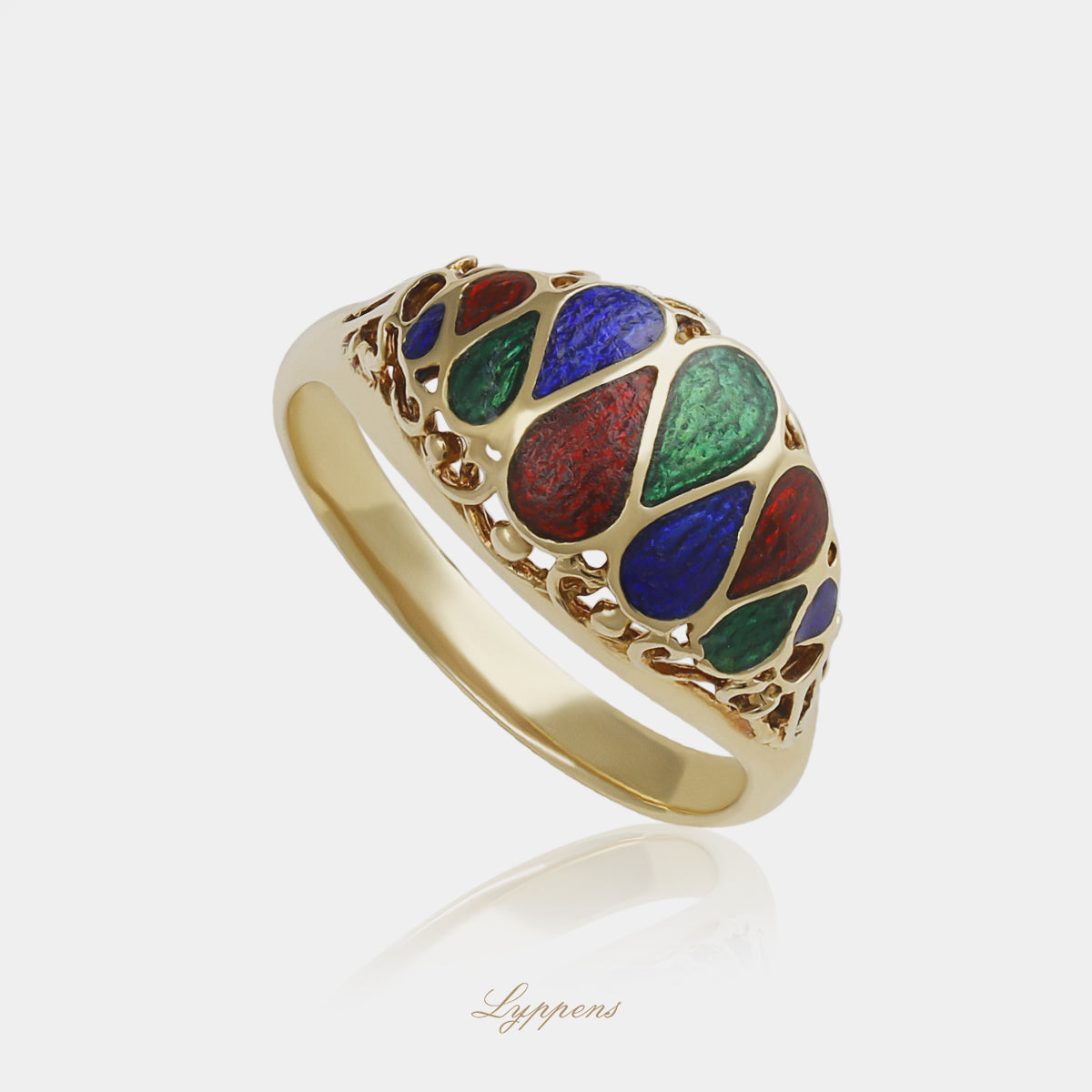 Vintage ring uit de jaren ’60 van 18kt geelgoud, opengewerkt en gedecoreerd met kleurrijk blauw, groen en rood emaille