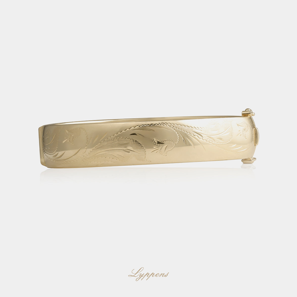 14kt geelgouden vintage bangle armband jaren 70 met gegraveerd bloem- en bladmotief