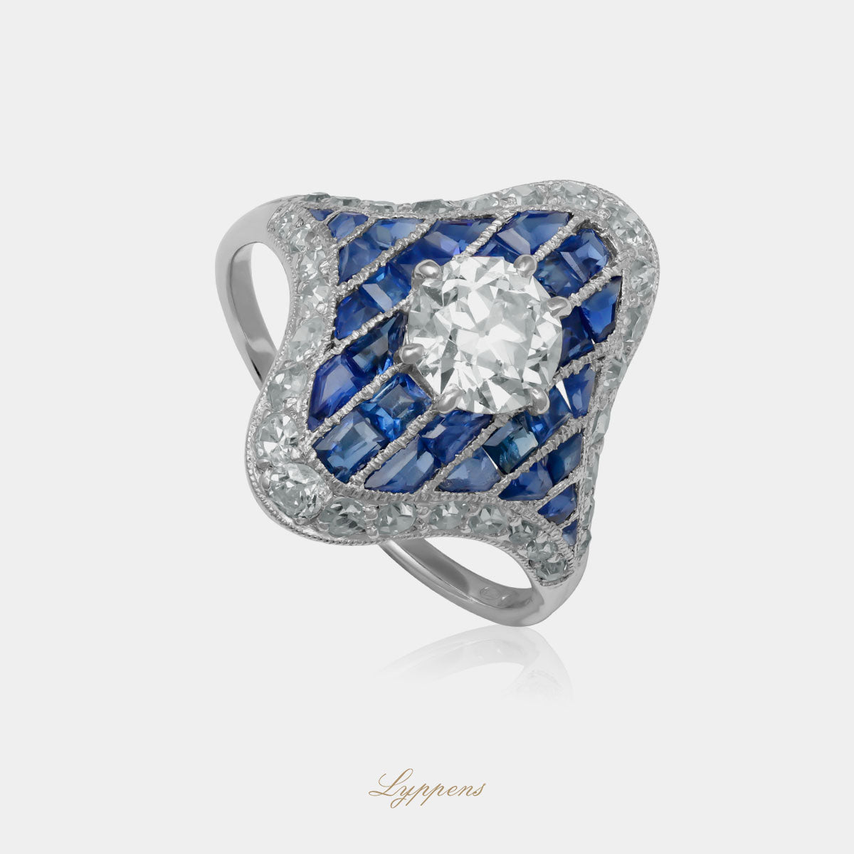 Platinum Art Deco ring with sapphire and diamonds