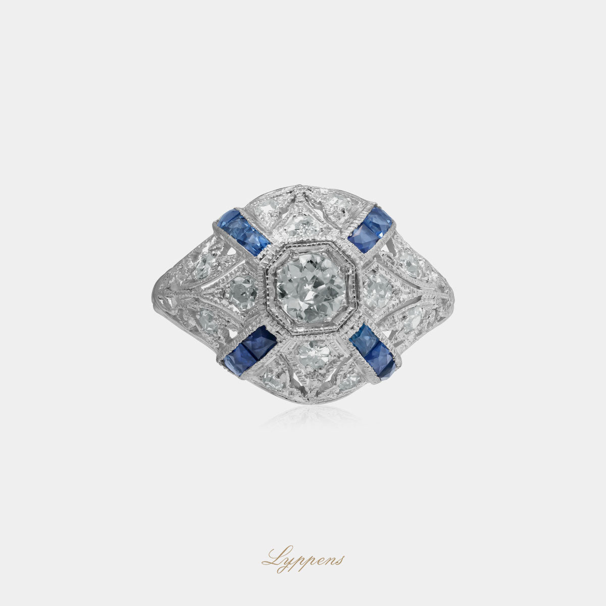 Platinum Art Deco ring with sapphire and diamonds