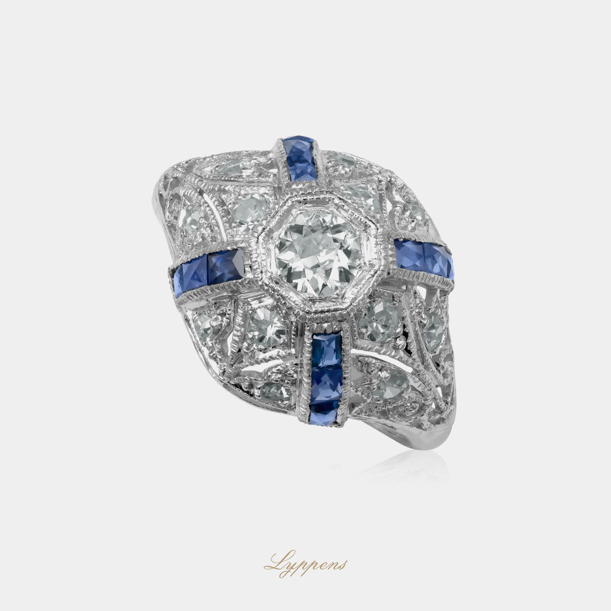 Platinum Art Deco ring with sapphire and diamonds