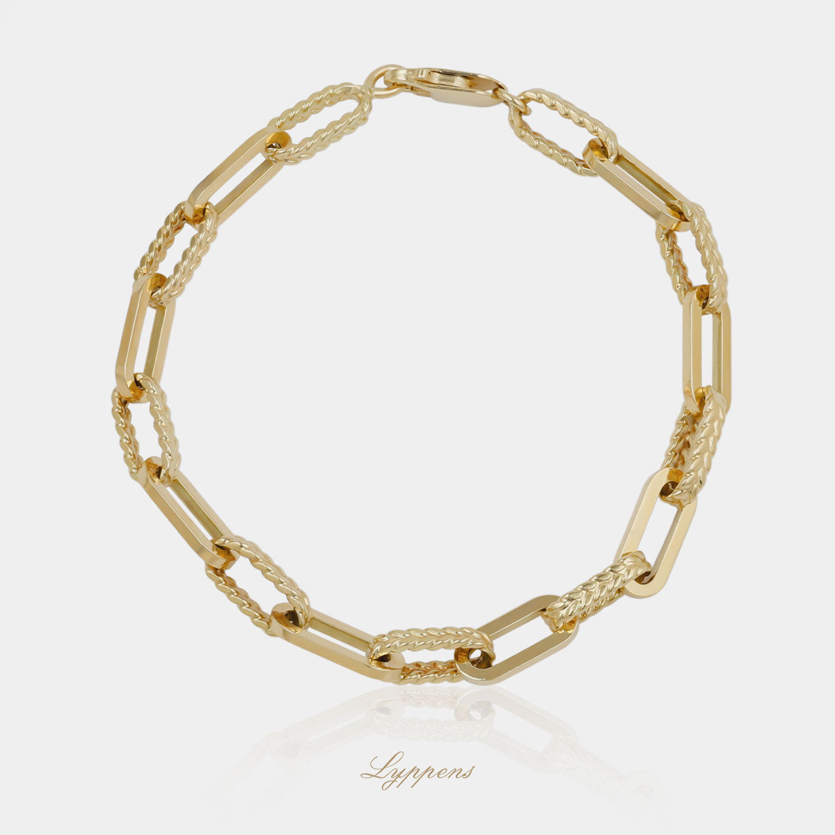 14kt geelgouden closed forever schakelarmband met glad en gevlochten motief.