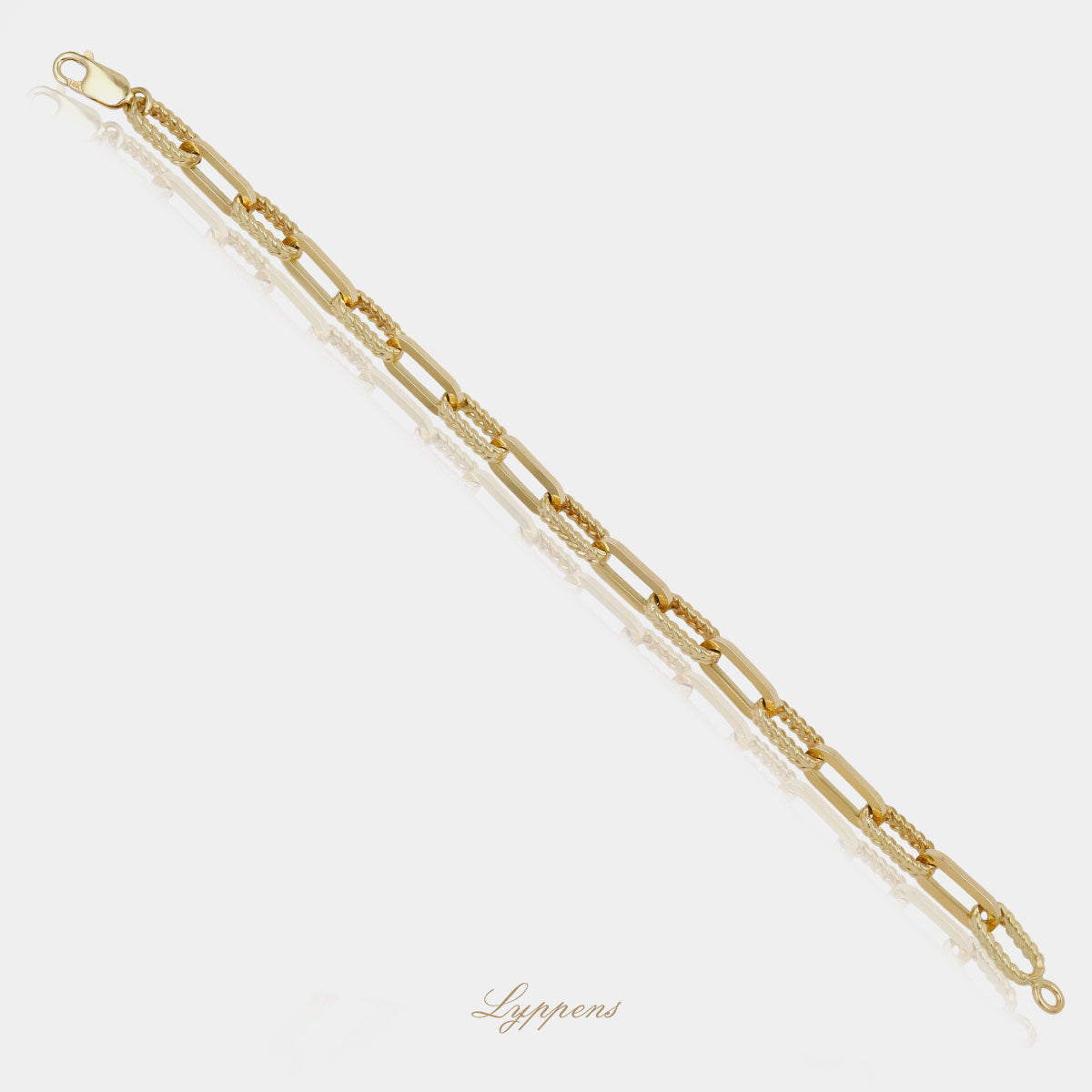 14kt geelgouden closed forever schakelarmband met glad en gevlochten motief.