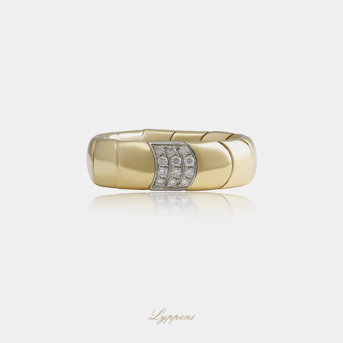 18kt roségouden flexibele ring met witgouden element, pavé gezet met briljant geslepen diamant, totaalgewicht 0.14ct H VS1