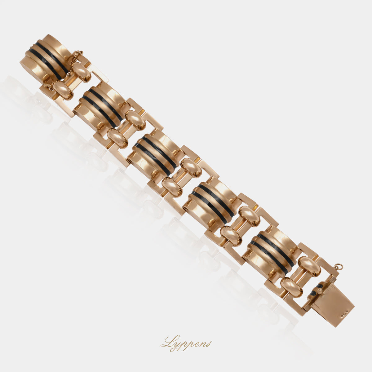 19kt roségouden massieve vintage jaren '50 armband gedecoreerd met zwarte emaille 