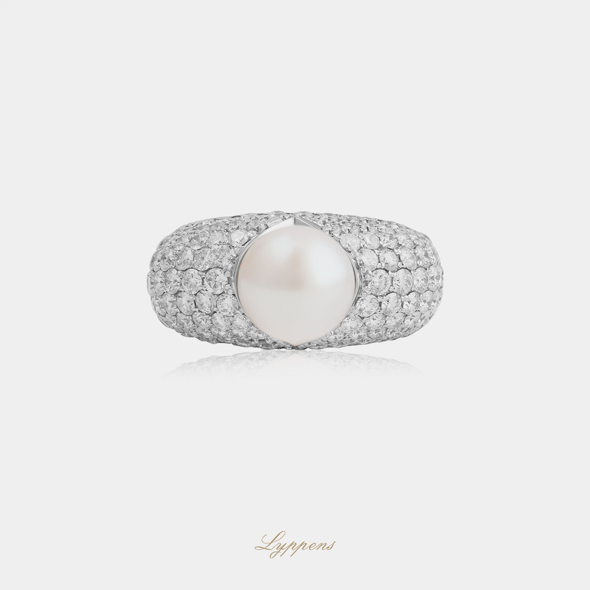 14kt witgouden vintage bolle ring met pavé briljant diamant ca. 2.00ct G VS en cultivé parel