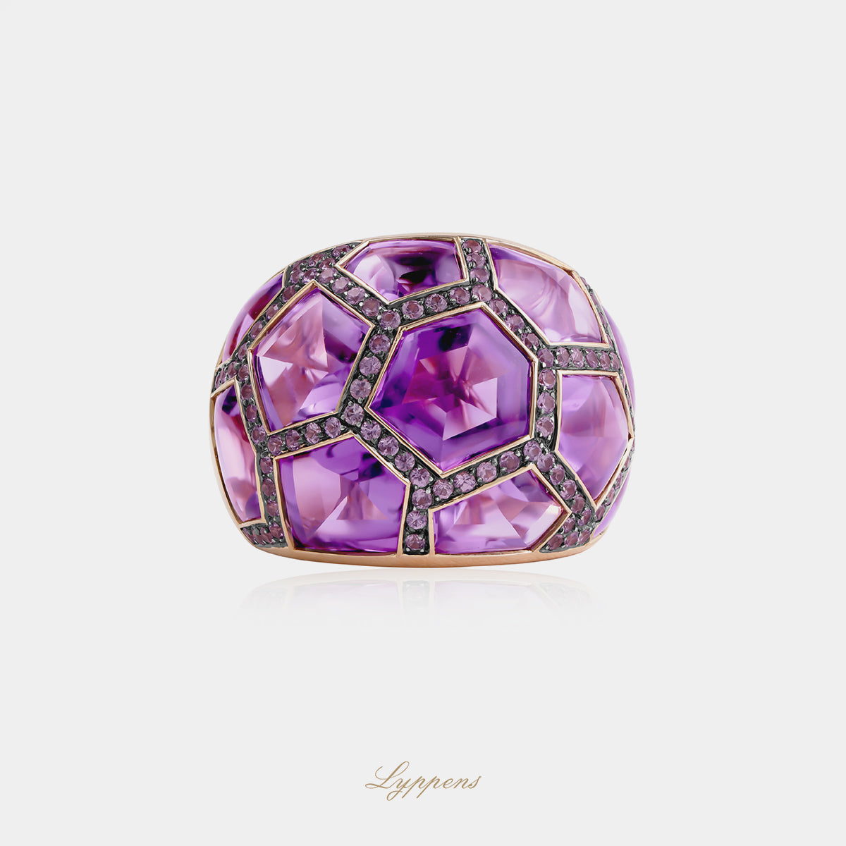 Roségouden cocktailring met amethist en roze saffier