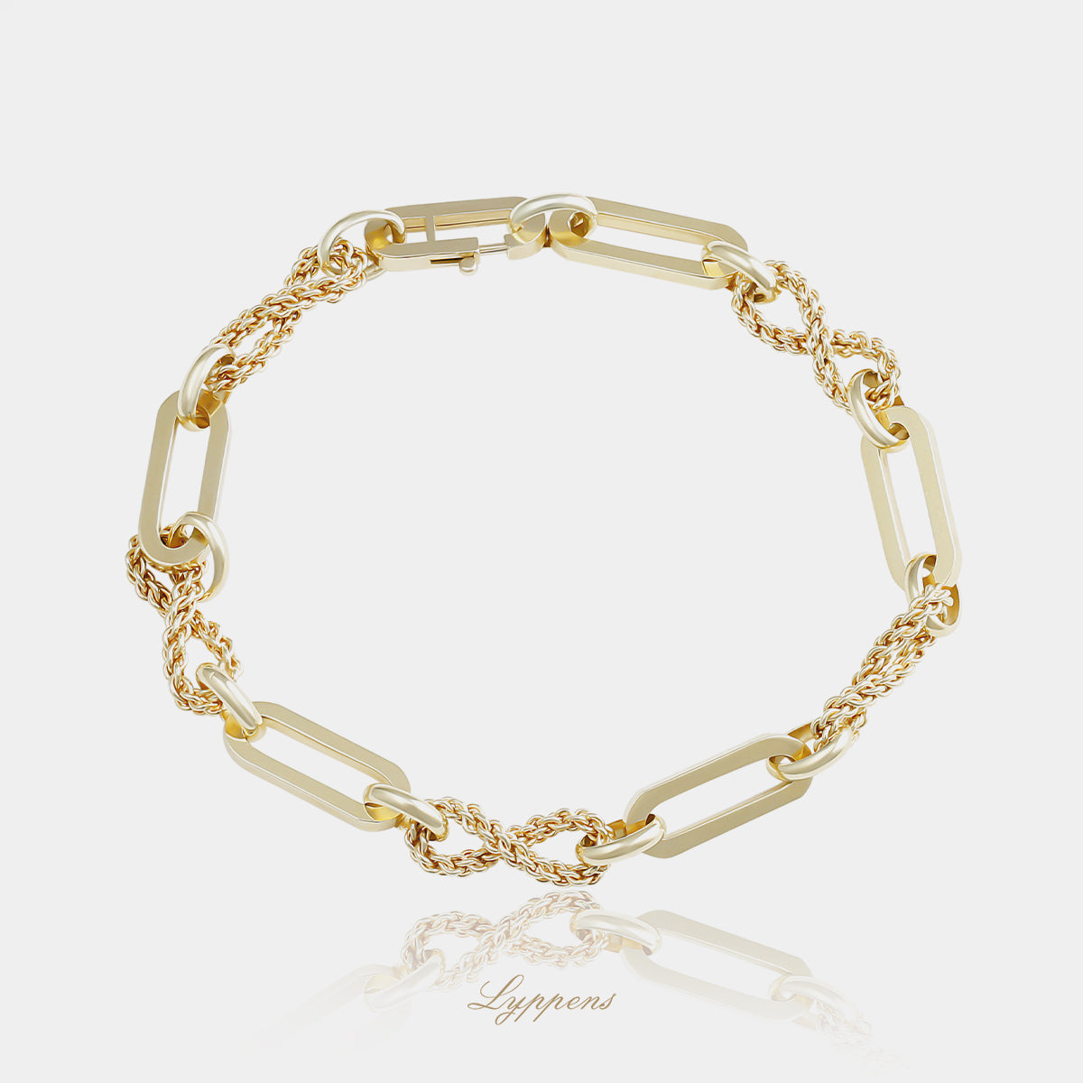 14kt geelgouden vintage fantasieschakelarmband met afwisselend langwerpige open schakels en fijn gedraaide schakels