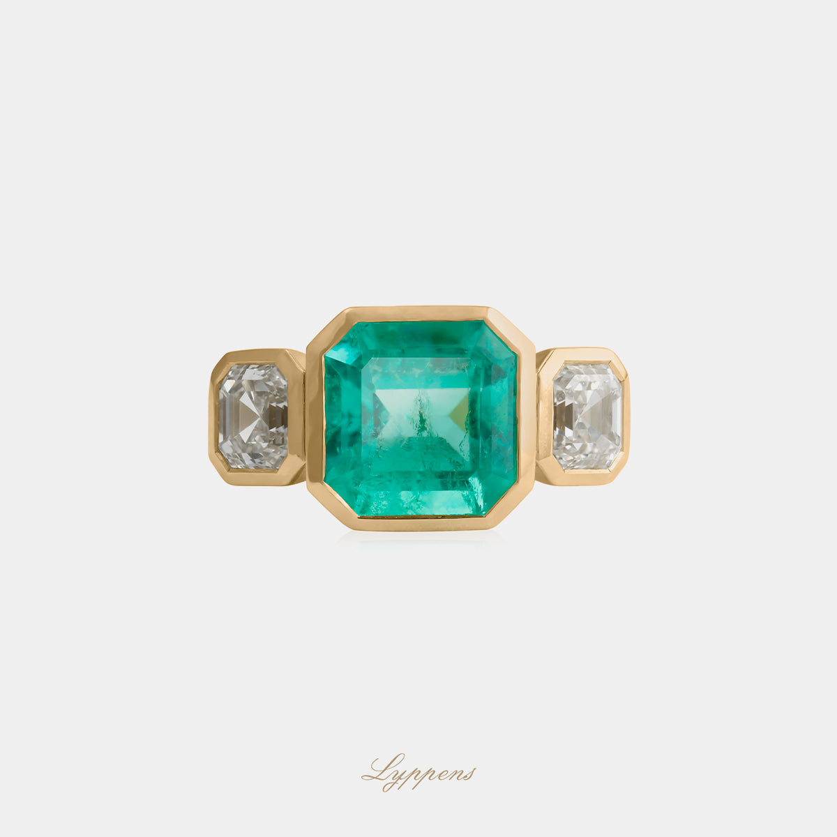 18kt geelgouden ring met Colombiaanse smaragd 3.69ct en Asscher diamant 2.01ct H VS2, NEL IGI