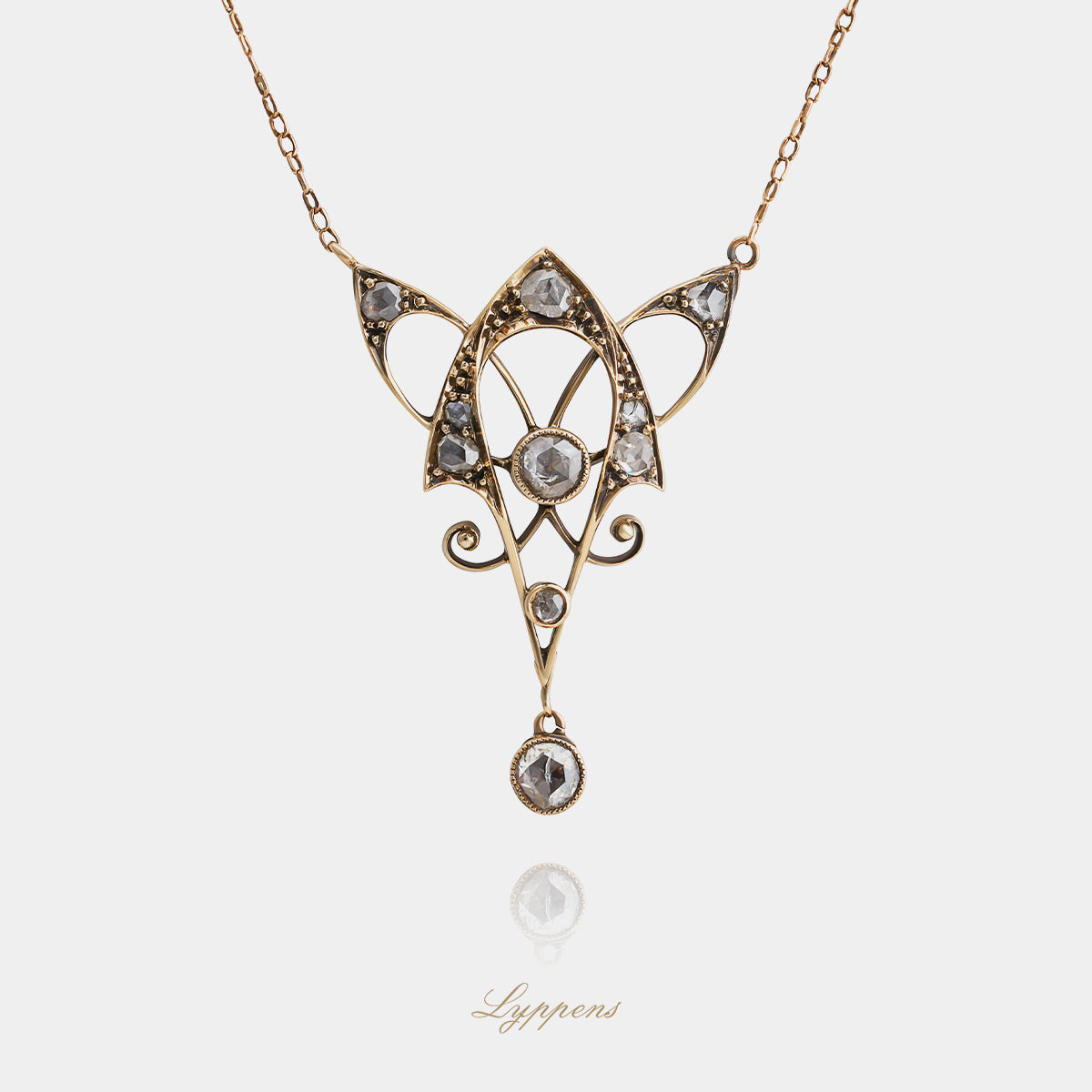 Yellow gold Art Nouveau necklace with rose cut diamonds