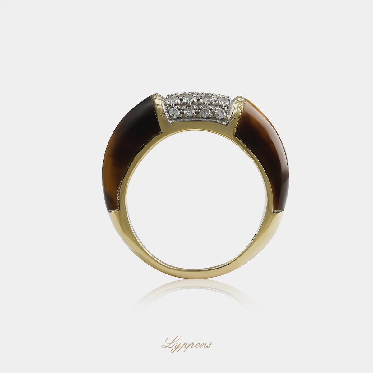 18 karaat geelgouden vintage jaren '70 ring met tijgeroog aan weerszijden en achtkant geslepen diamanten van ca. 0.40ct
